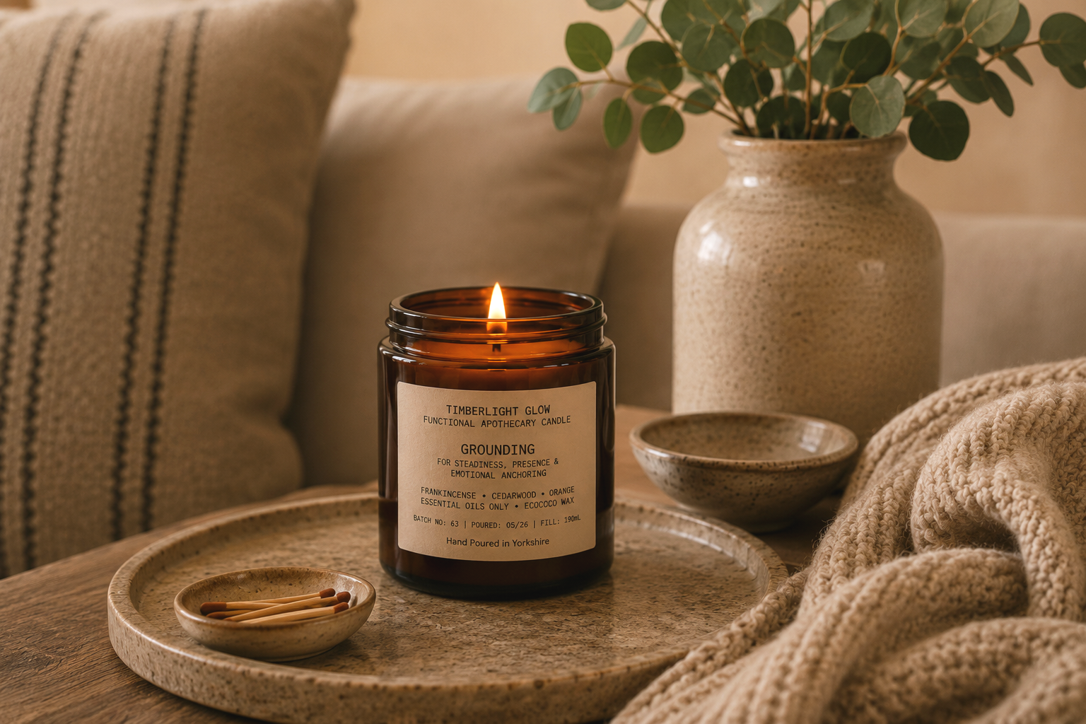 Lit TimberLight Glow Grounding aromatherapy candle on a stone tray with ceramic bowls, knitted throw and eucalyptus in a calm neutral living room.