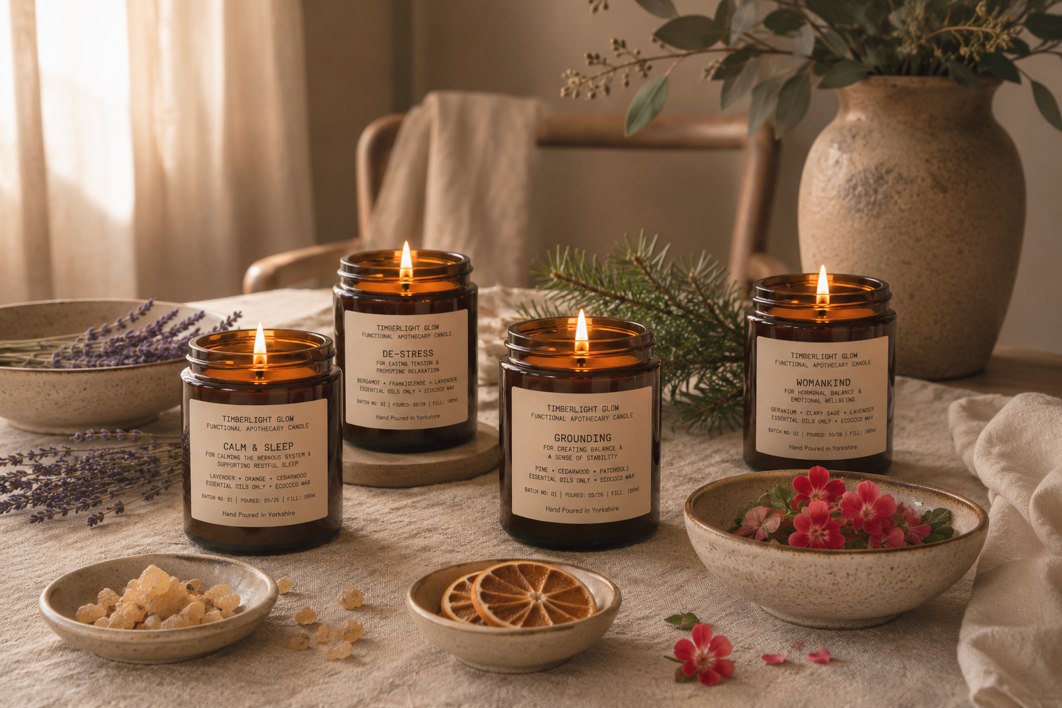 Four lit TimberLight Glow aromatherapy candles arranged on a linen-covered oak table with lavender, dried orange, frankincense resin, cedar and ceramic bowls in soft natural light.