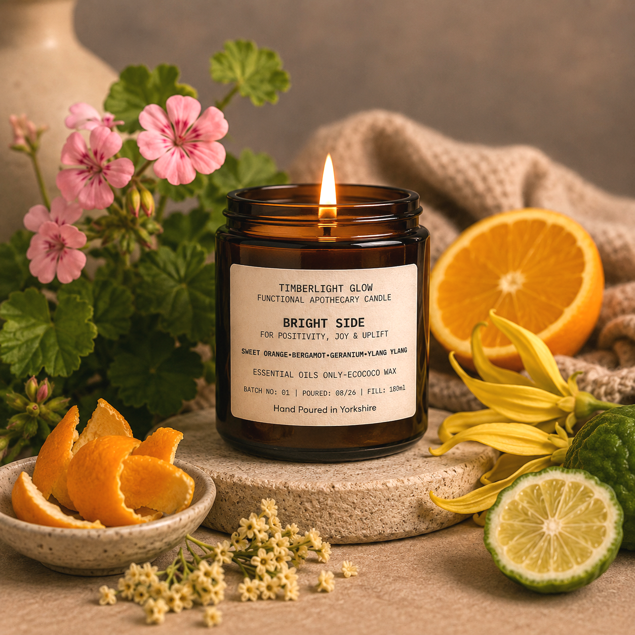 TimberLight Glow Bright Side functional apothecary candle in an amber glass jar.