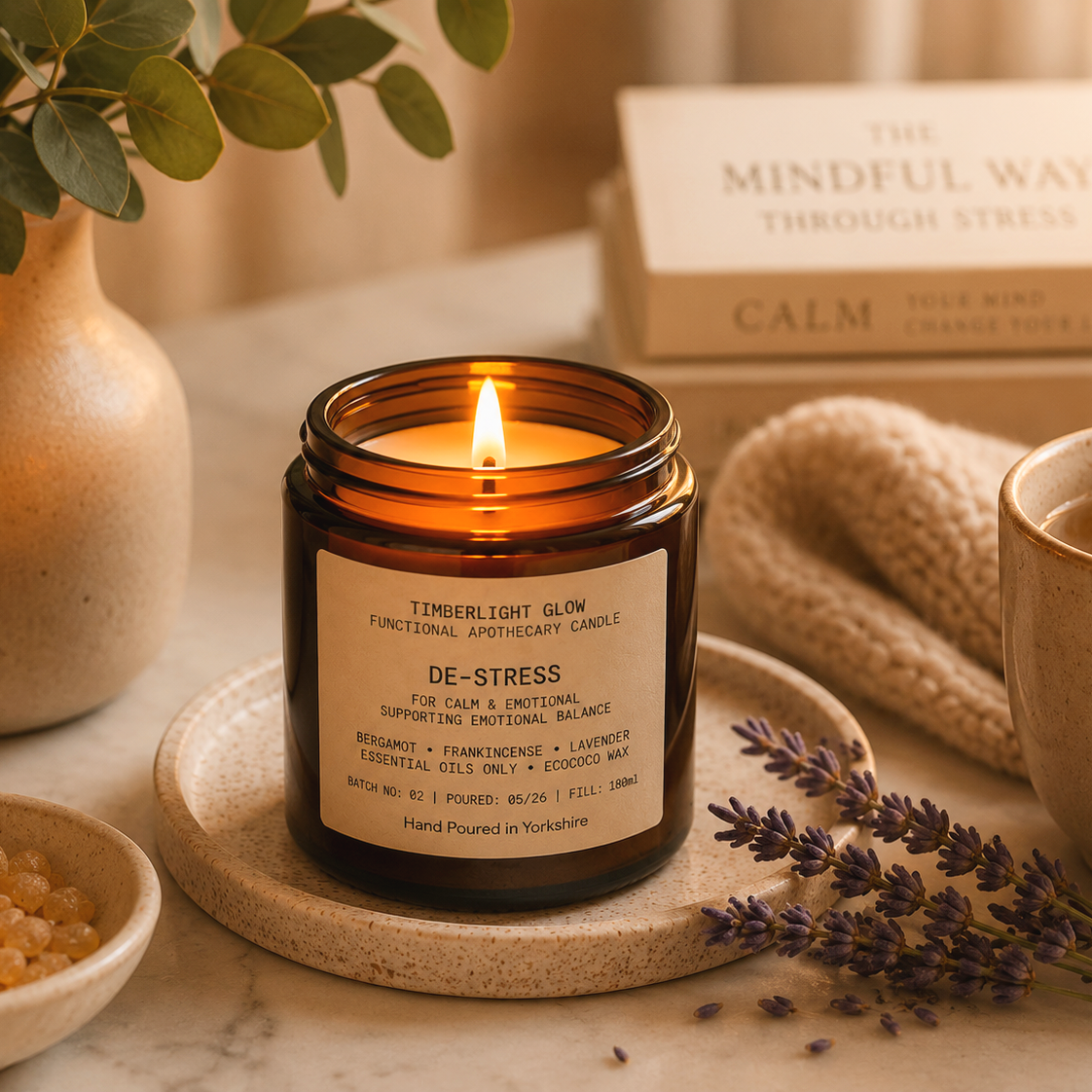 TimberLight Glow De-Stress aromatherapy candle with bergamot, frankincense, lavender and sweet orange botanicals.