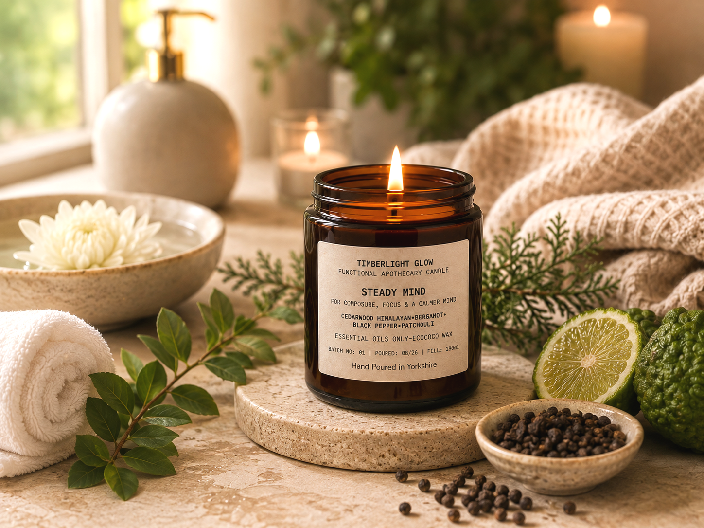 TimberLight Glow Steady Mind functional apothecary candle in an amber glass jar.
