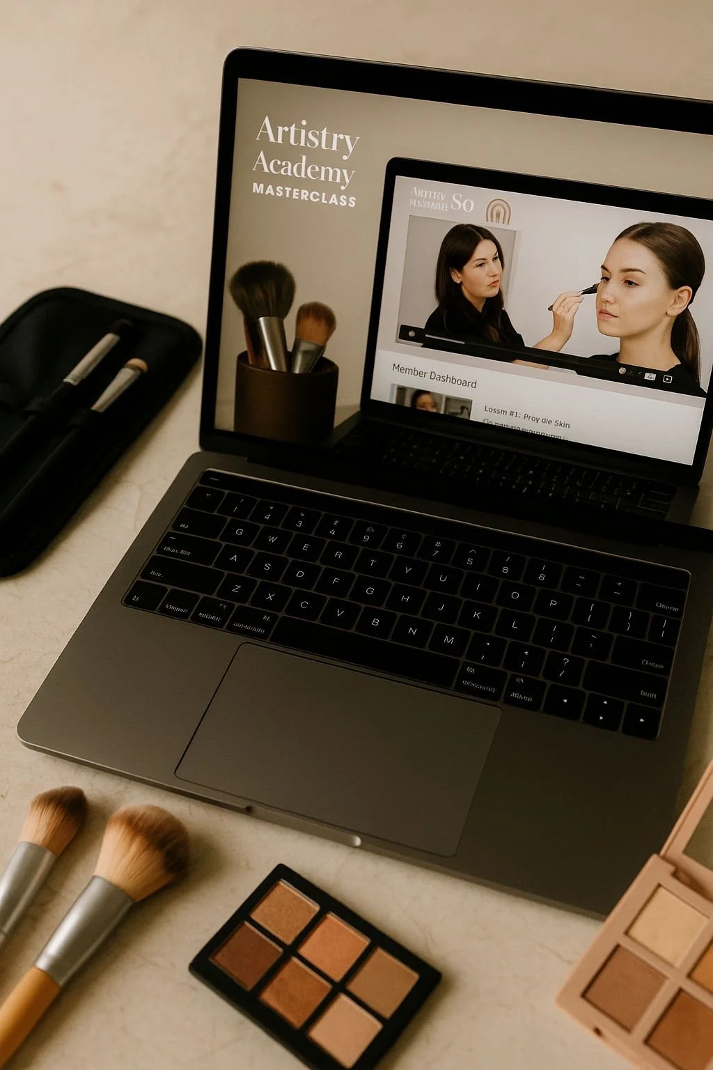 A laptop displaying a makeup tutorial with two women, surrounded by makeup brushes, a palette, and a makeup storage container on a white surface.
