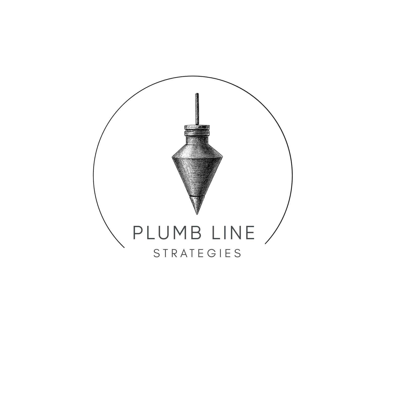 Logo for Plumb Line Strategies featuring a mechanical plumb bob against a black background with the company name.