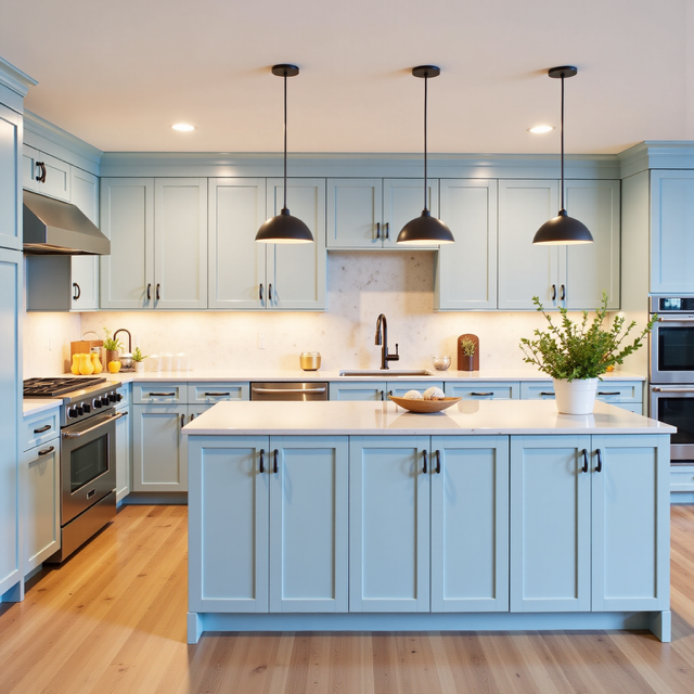 Modern kitchen with light blue cabinets, white countertops, black pendant lights, and stainless steel appliances, including oven and microwave, with hardwood flooring.
