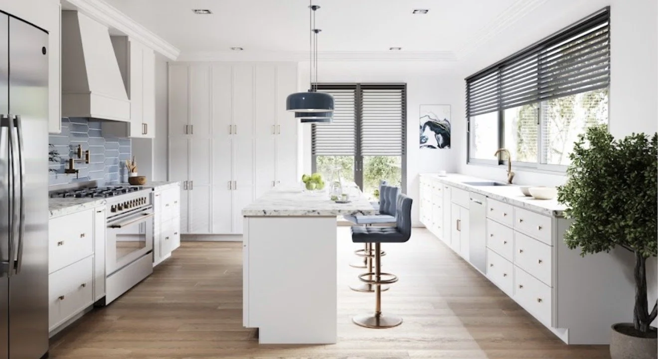 Bright, modern kitchen with white cabinets, a marble island, gray barstools, and large windows with dark blinds, hardwood floors, and minimal decor.