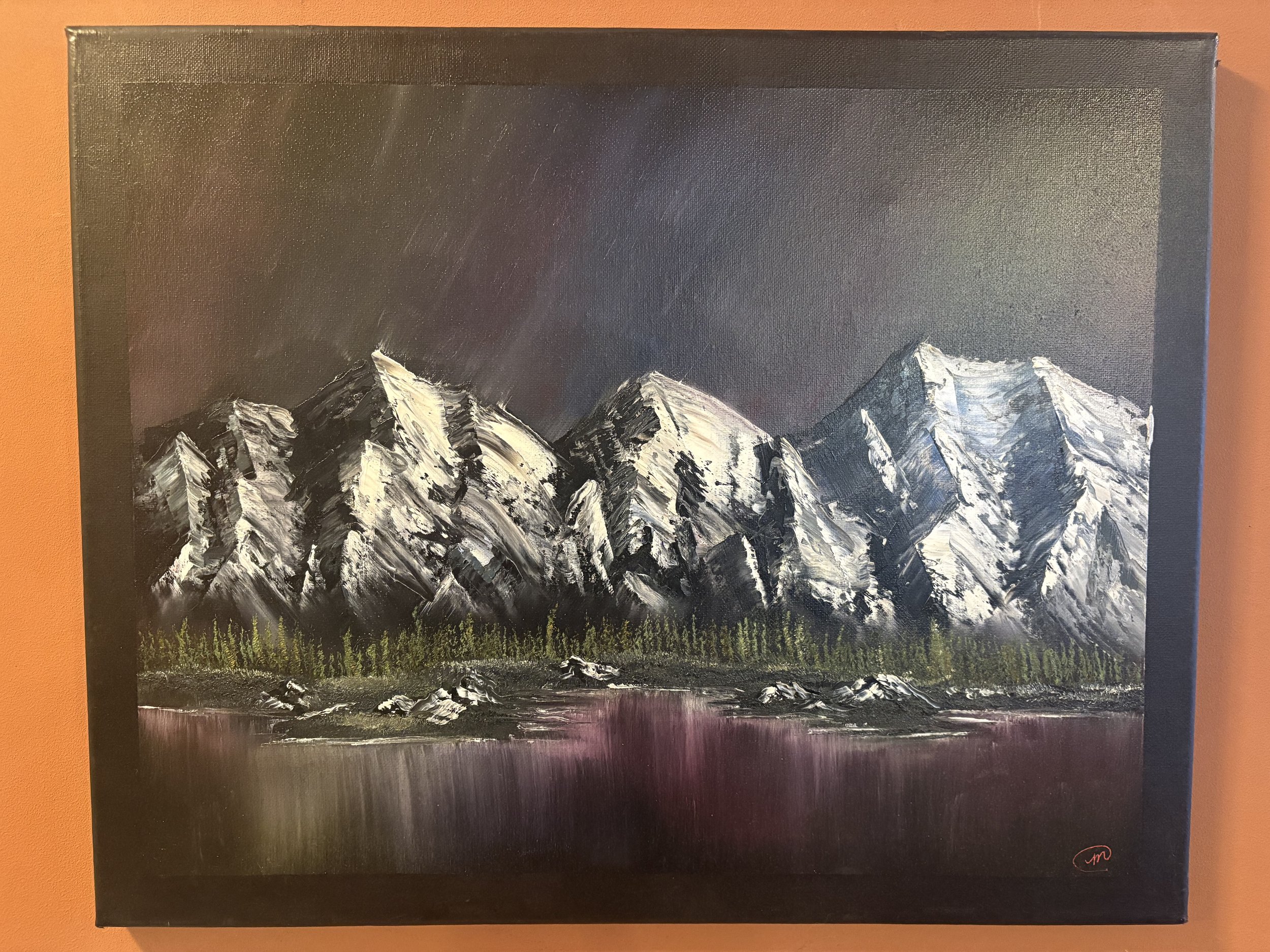 OIL PAINTING NORTHERN LIGHTS & MOUNTAINS