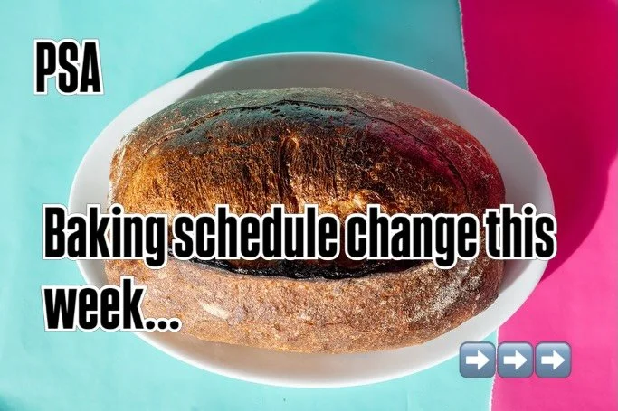 Hi all, We will not bw baking this Wednesday, shop is open regualr hours, Tuesday, Thursday and Saturday 9am-1pm, but we wint be delivering anywhere on wednesday. Also, August 15th we will be closing for a week, so no bread from then anywhere. ask us