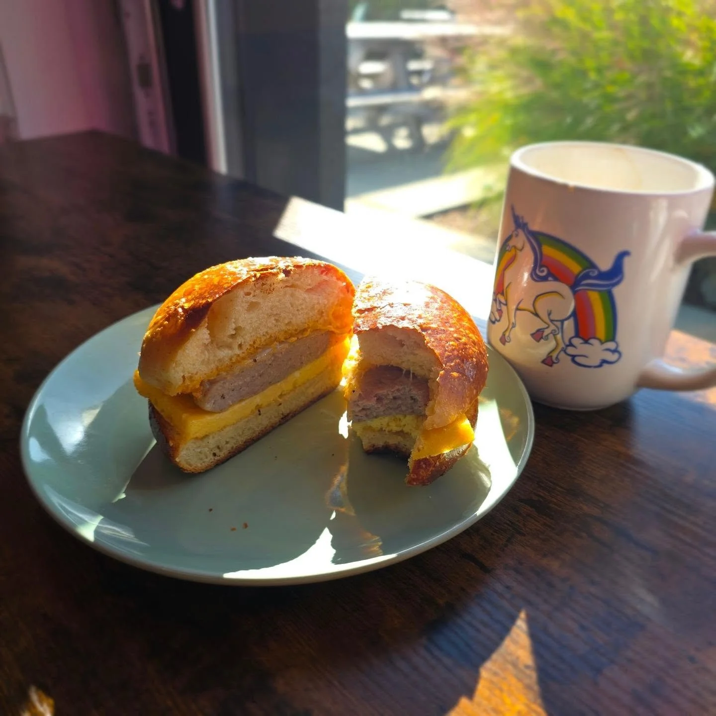 Today's sandwich lineup:

Breakfast featuring @sixacre.meatco sausage patty, egg, provalone, ajvar mayo

Ham, aged cheddar, pickled onions, grainy mustard, mayo.

Mortadella, provalone, pickles, mustard, mayo