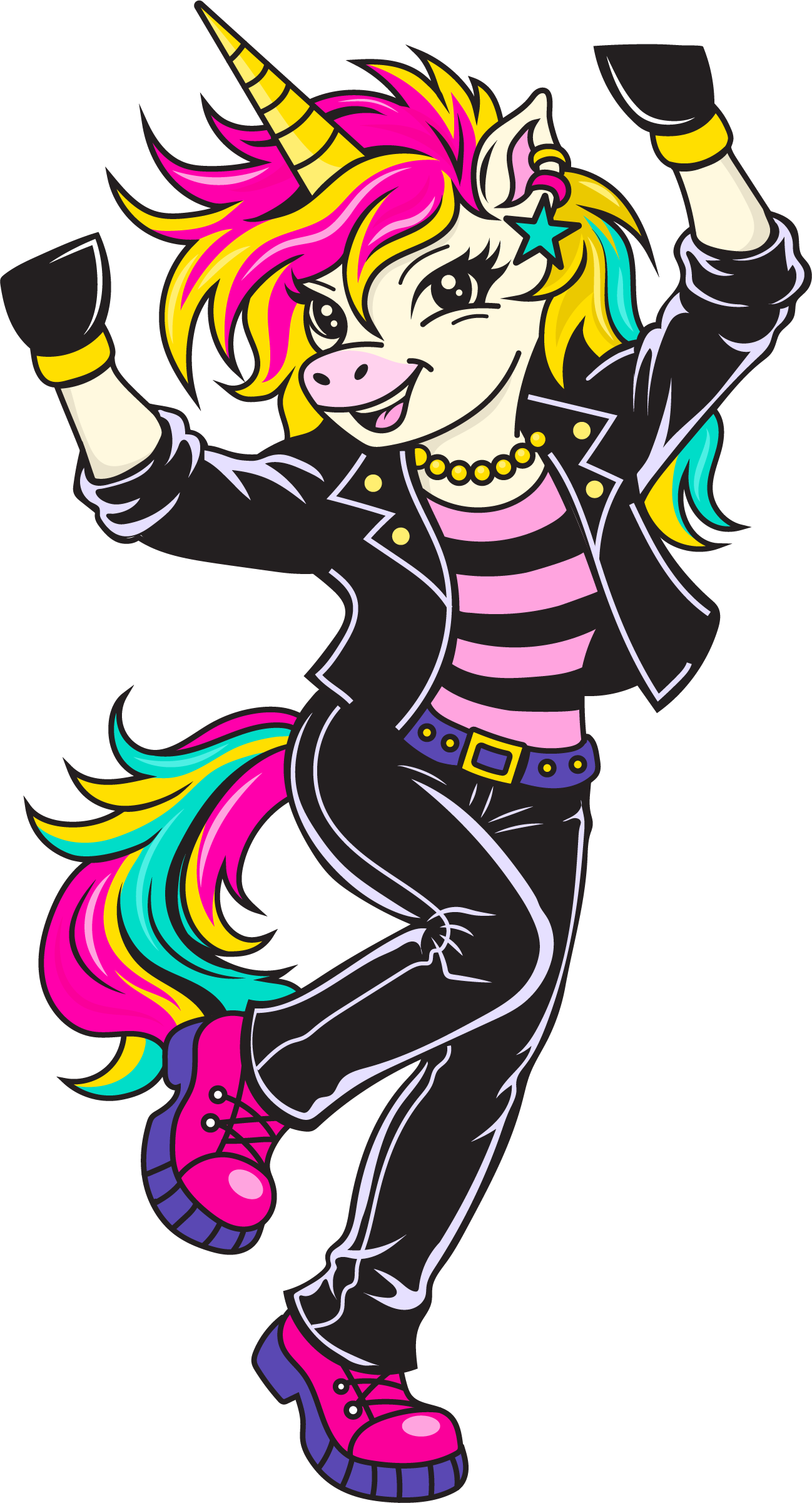 An animated cartoon unicorn with a pink and yellow mane, turquoise tail, and a striped pink and black shirt. She is wearing a black leather jacket, pink boots, and accessories including a star-shaped earring, a yellow bead necklace, and a belt. She is posing with one leg crossed over the other and arms raised, smiling cheerfully.