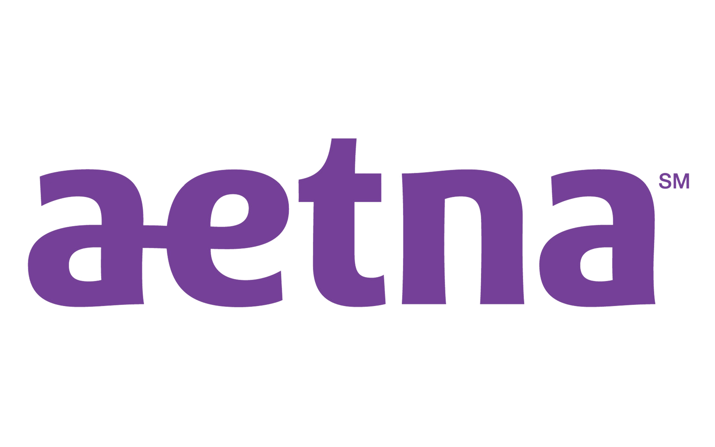 Aetna logo in purple letters on a black background.
