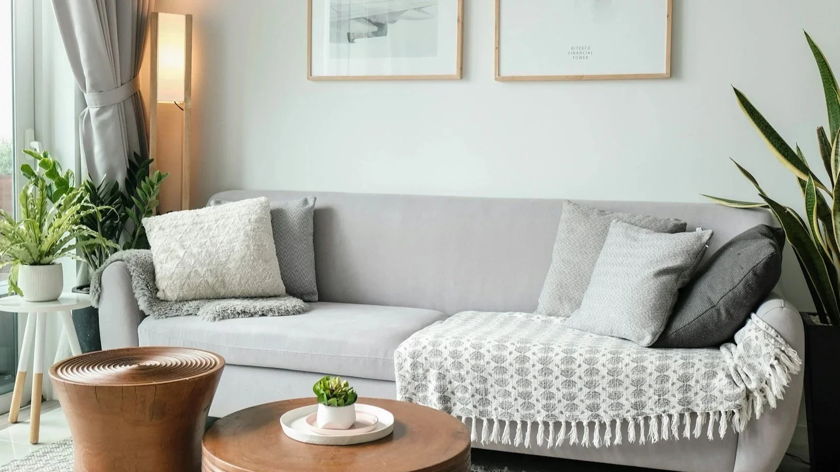 A modern room with a light gray sofa adorned with various gray and white pillows, a cozy throw blanket, and surrounded by green houseplants. A wooden coffee table and a small side table with a potted plant are in the foreground, and framed artwork hangs on the white wall behind.