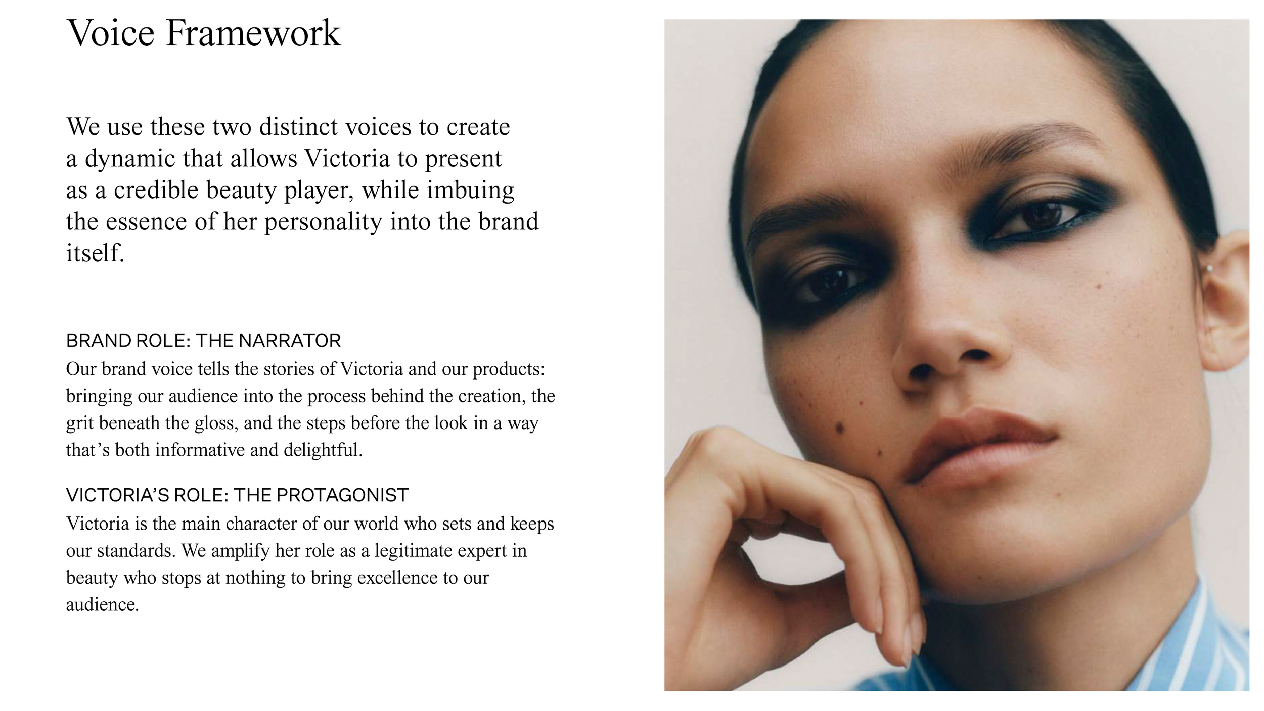 A close-up portrait of a woman with dark hair, makeup, and earrings, resting her face on her hand. The image is part of a layout with text about a voice framework and brand storytelling.