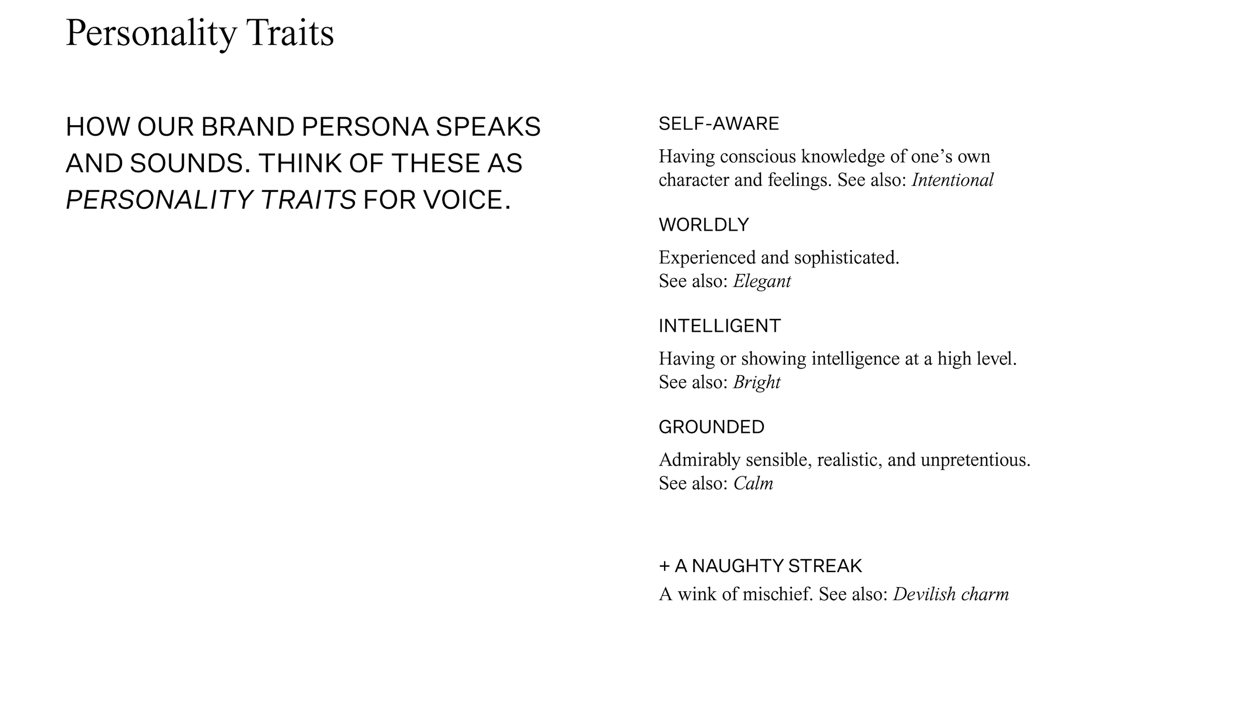 A document titled 'Personality Traits' explaining different personality traits and their voice qualities, including self-aware, worldly, intelligent, grounded, and a naughty streak.