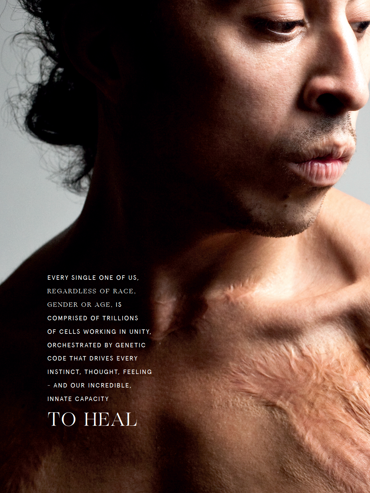 Close-up of a person's face and shoulder with text about the body's cellular unity and healing capacity.