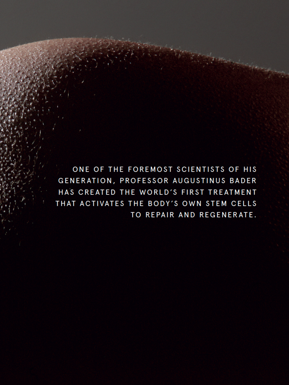 Close-up image of a textured, dark surface with a gray background, featuring overlaid text about Dr. Augustinus Bader's stem cell treatment.