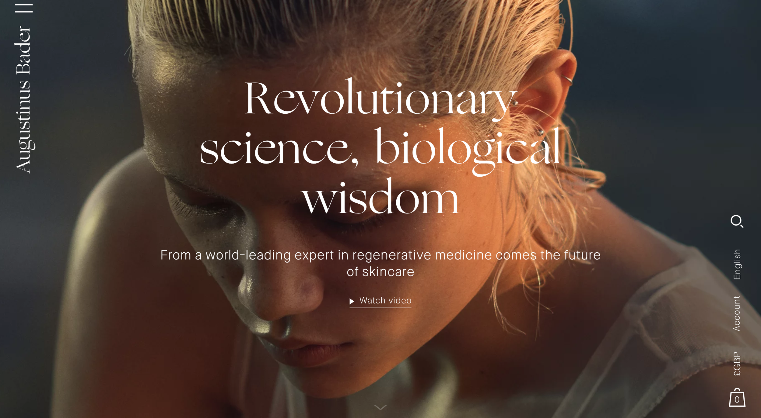 Close-up of a woman with blonde hair looking downward, with overlaid text about revolutionary science and skincare.