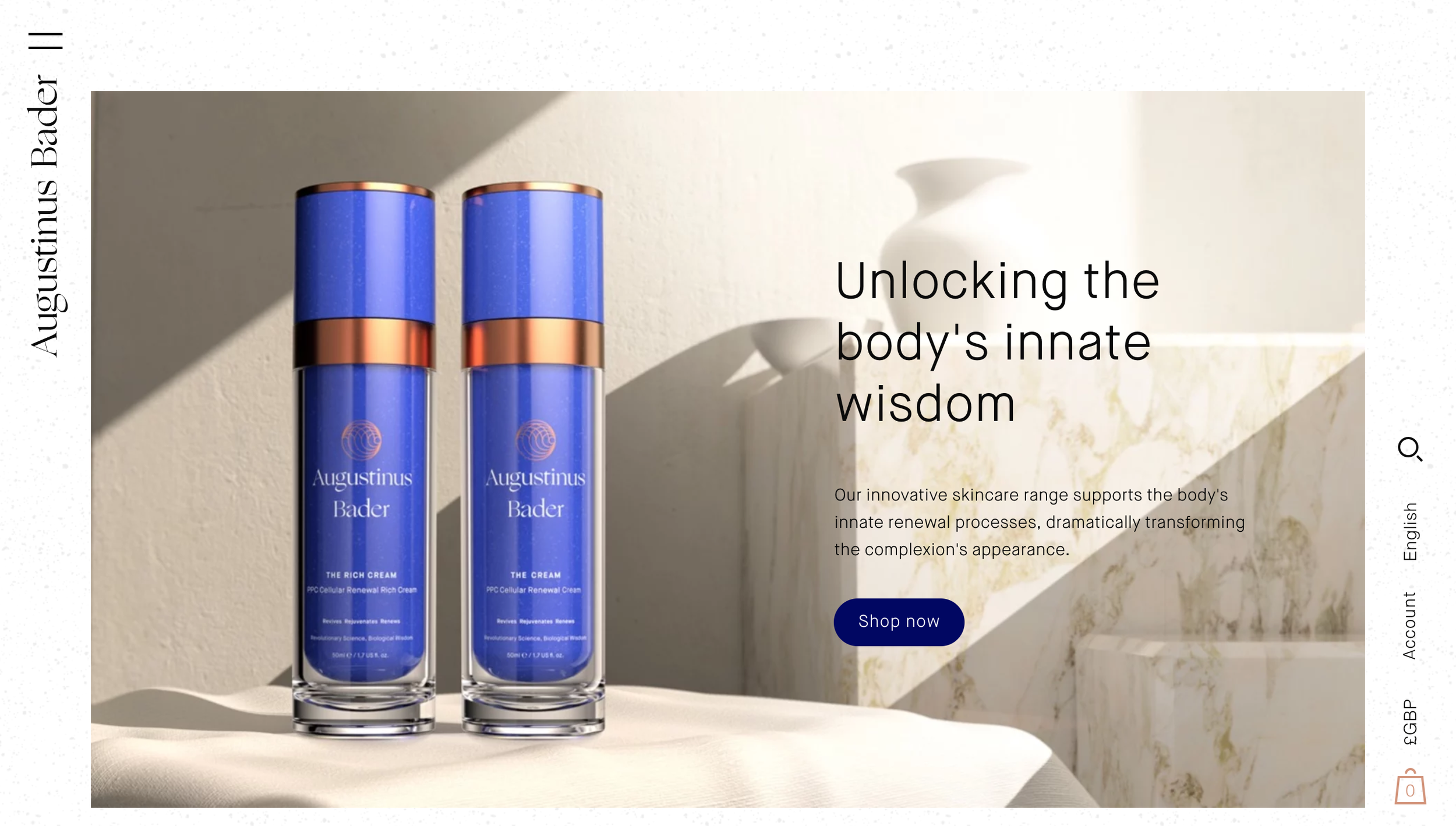 Two blue skincare serum bottles with copper caps on a white surface with a beige wall and marble shelf in the background. Text on the image promotes unlocking the body's innate wisdom with a skincare range. There's a 'Shop now' button.