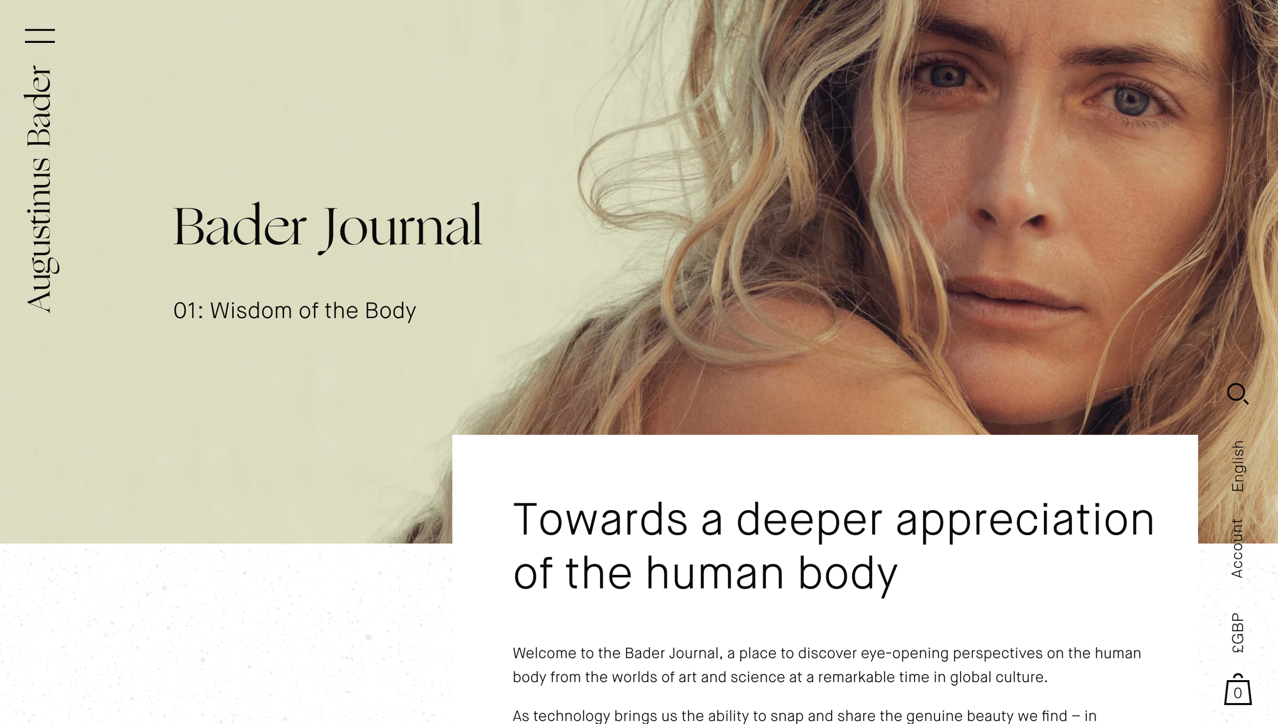 The cover page of the Bader Journal titled "Towards a deeper appreciation of the human body" features a close-up photograph of a woman with wavy blonde hair and fair skin. The journal's title and subtitle are displayed on a light green and white background.