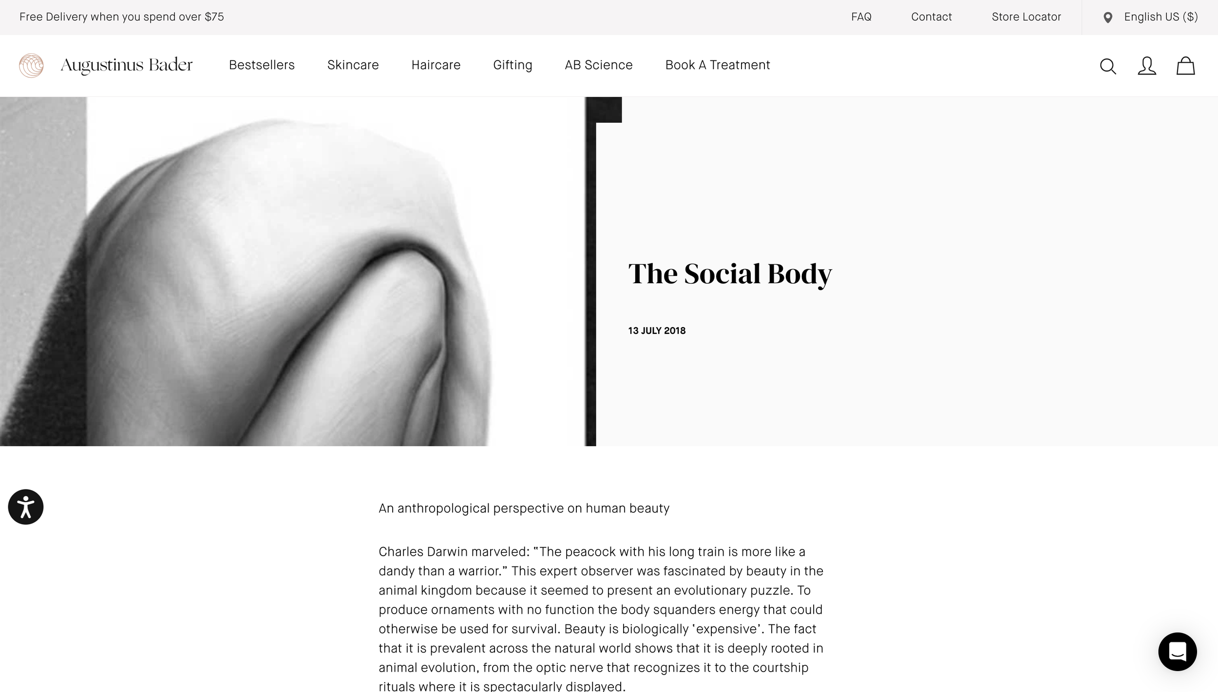 A black and white close-up photograph of a human face with the hand covering the eyes, on the left side of the webpage titled 'The Social Body'.