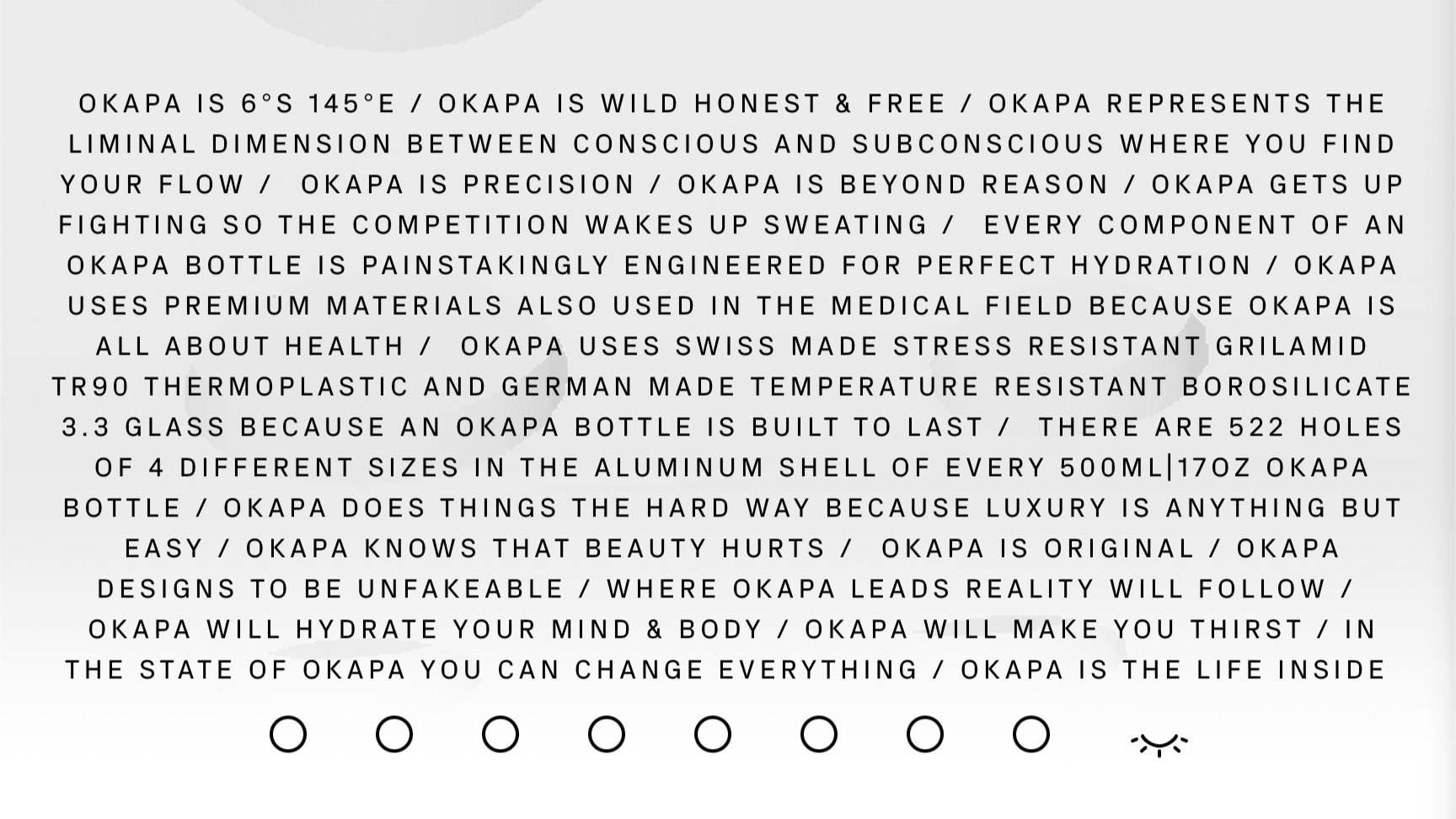 Text describing the qualities and philosophy of OKAPA water bottles, emphasizing health, durability, luxury, and the brand's commitment to natural and high-quality materials.