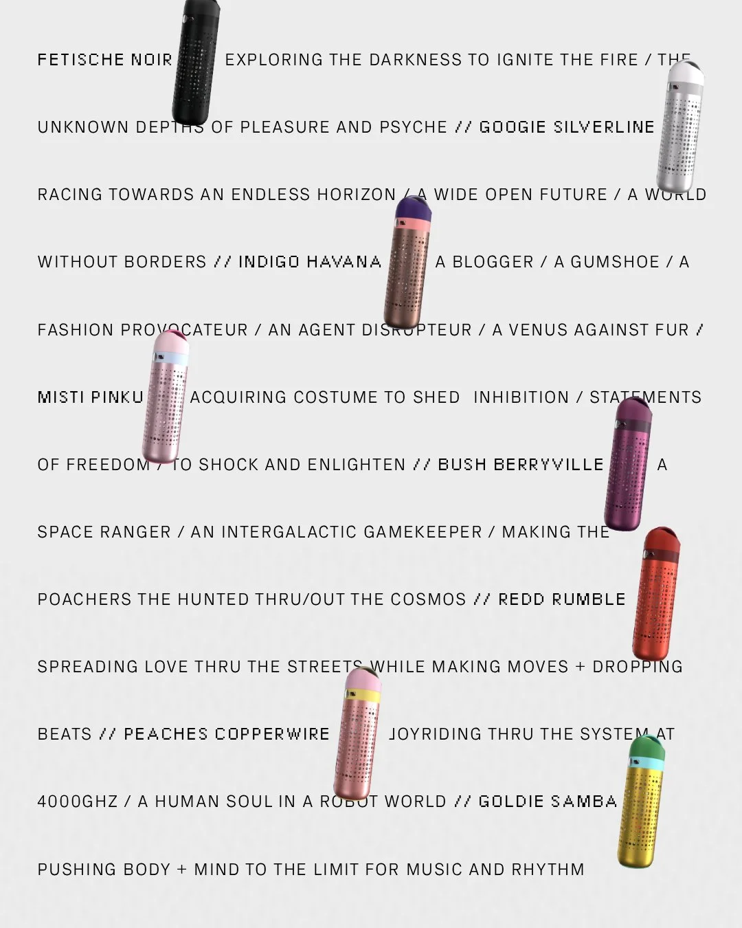 Colorful vaporizer pens arranged over a white background with black text.