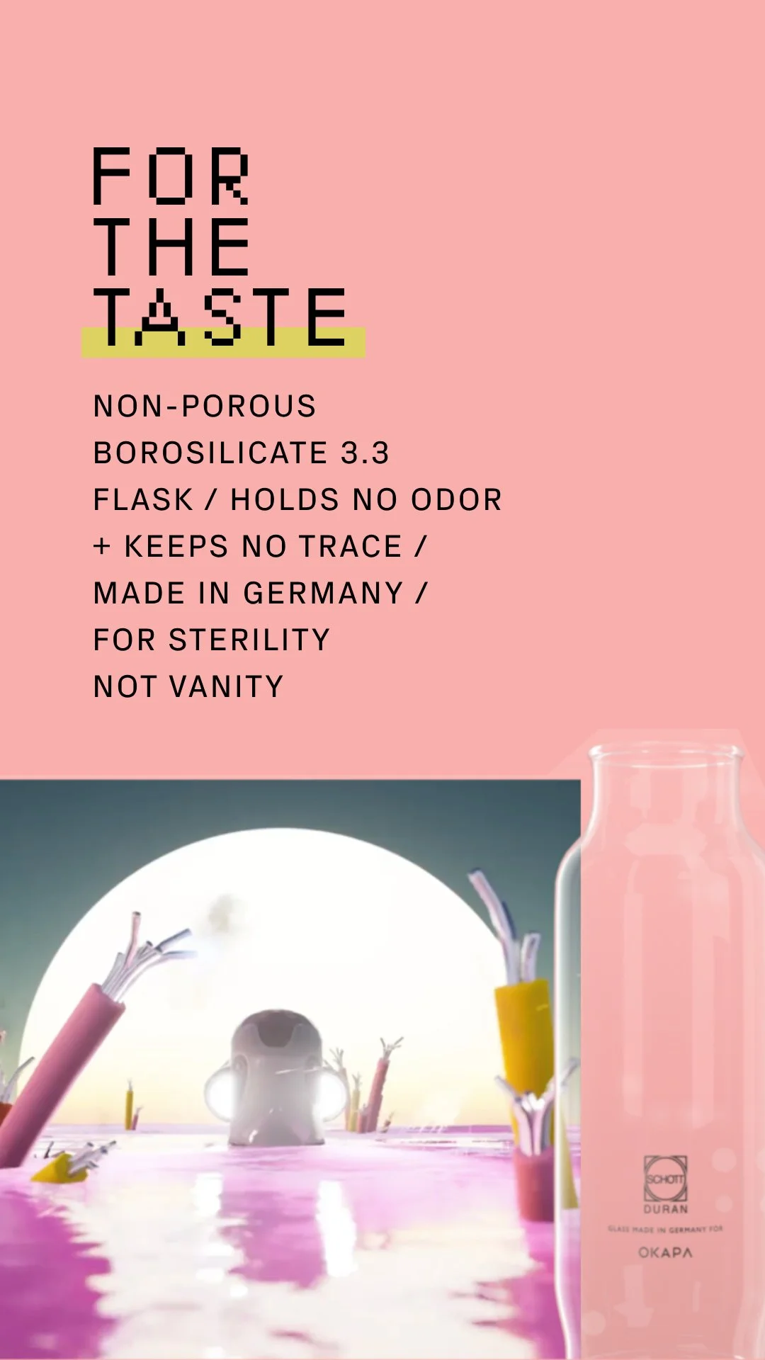 Product label with pink background and black text indicating a non-porous Borosilicate 3.3 glass flask for sterilization, made in Germany, and holding no odor or trace