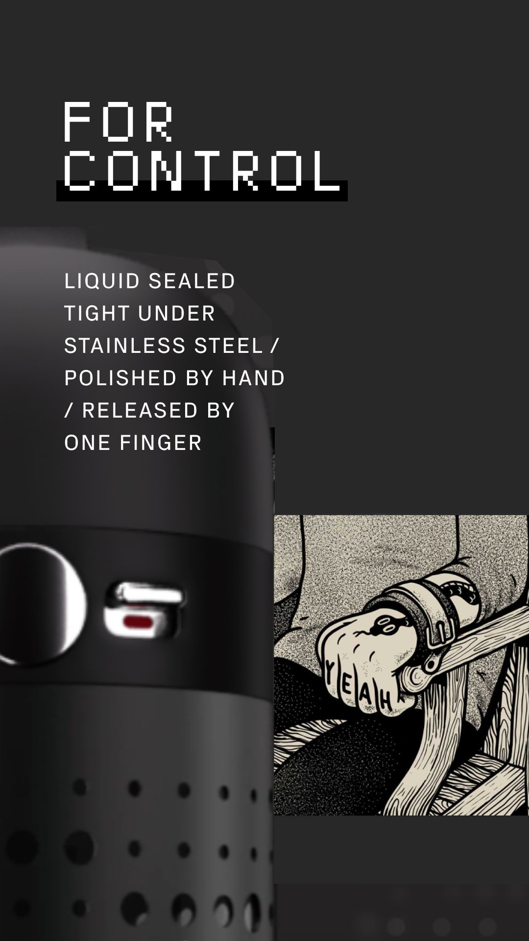 Close-up of a black electric device with control switch and warning label, partially covering a black and white illustration of a hand with the word 'YEAH' tattooed on fingers holding onto a wooden structure.