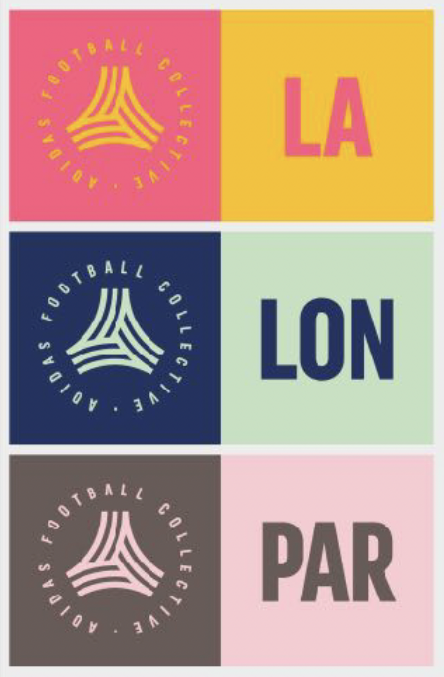 Colorful graphic with three sections, each featuring a logo with a stylized football and the words 'FOOTBALL COLLEGE' around it, and a letter indicating a football score: 'LA' in pink on yellow, 'LON' in navy on pale green, and 'PAR' in pink on gray.