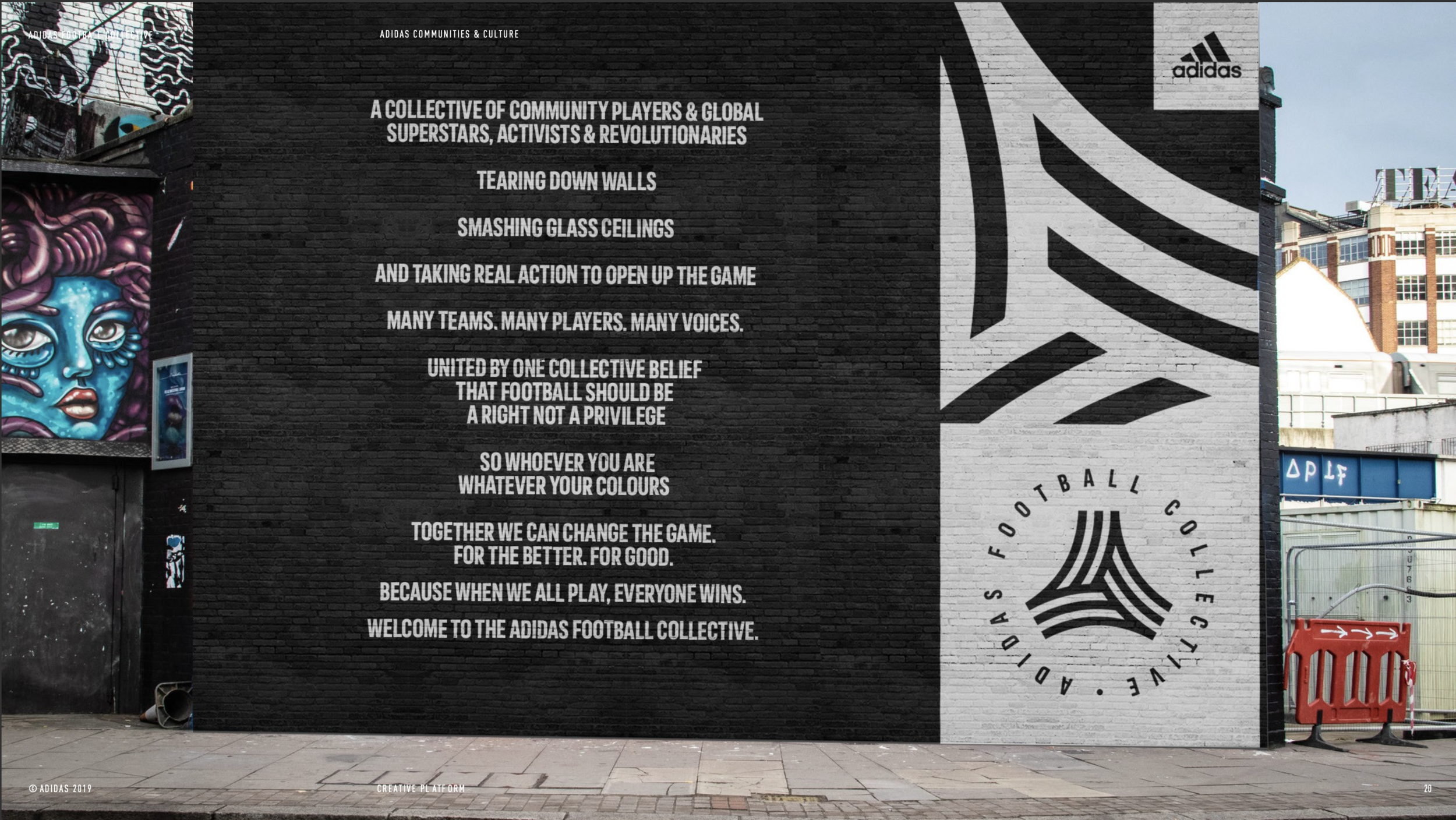 A mural on a building wall with Nike sponsorship, featuring the Adidas Football Collective logo and a written message advocating for unity and equality in football, with an adjacent artistic graffiti piece of a blue female face with elaborate makeup.