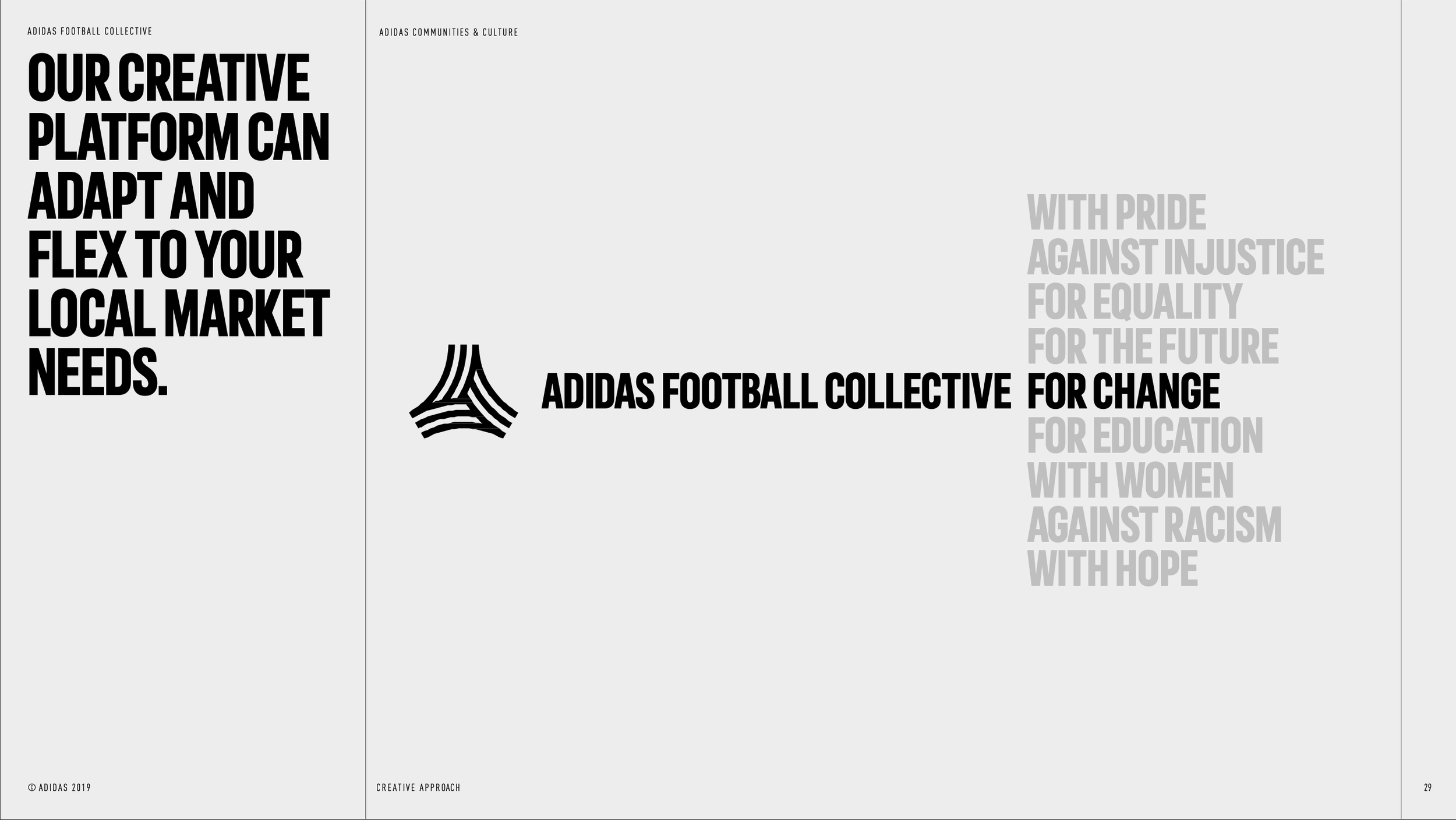 Page from a magazine or presentation slide with the Adidas logo and text about Adidas Football Collective, emphasizing creativity and social justice themes.