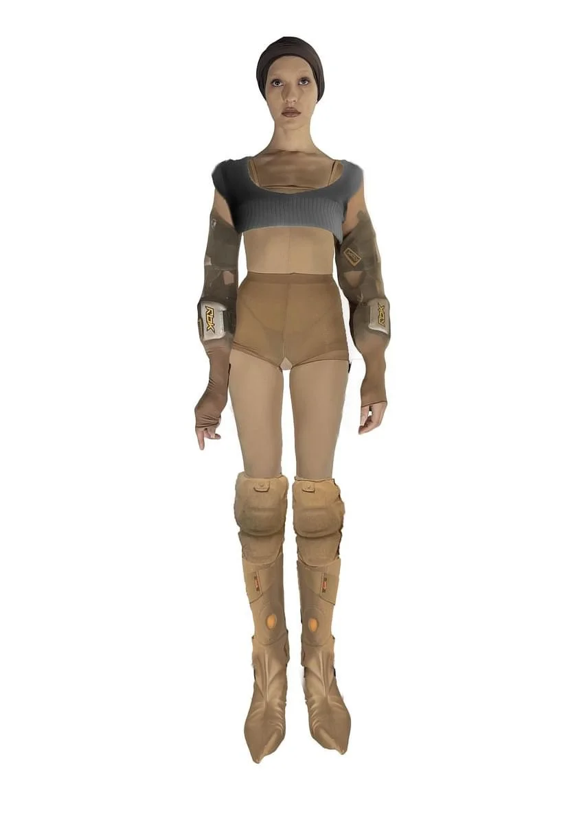 A woman dressed in a futuristic, armored outfit with high-heeled boots, long gloves, and a short top, standing against a white background.