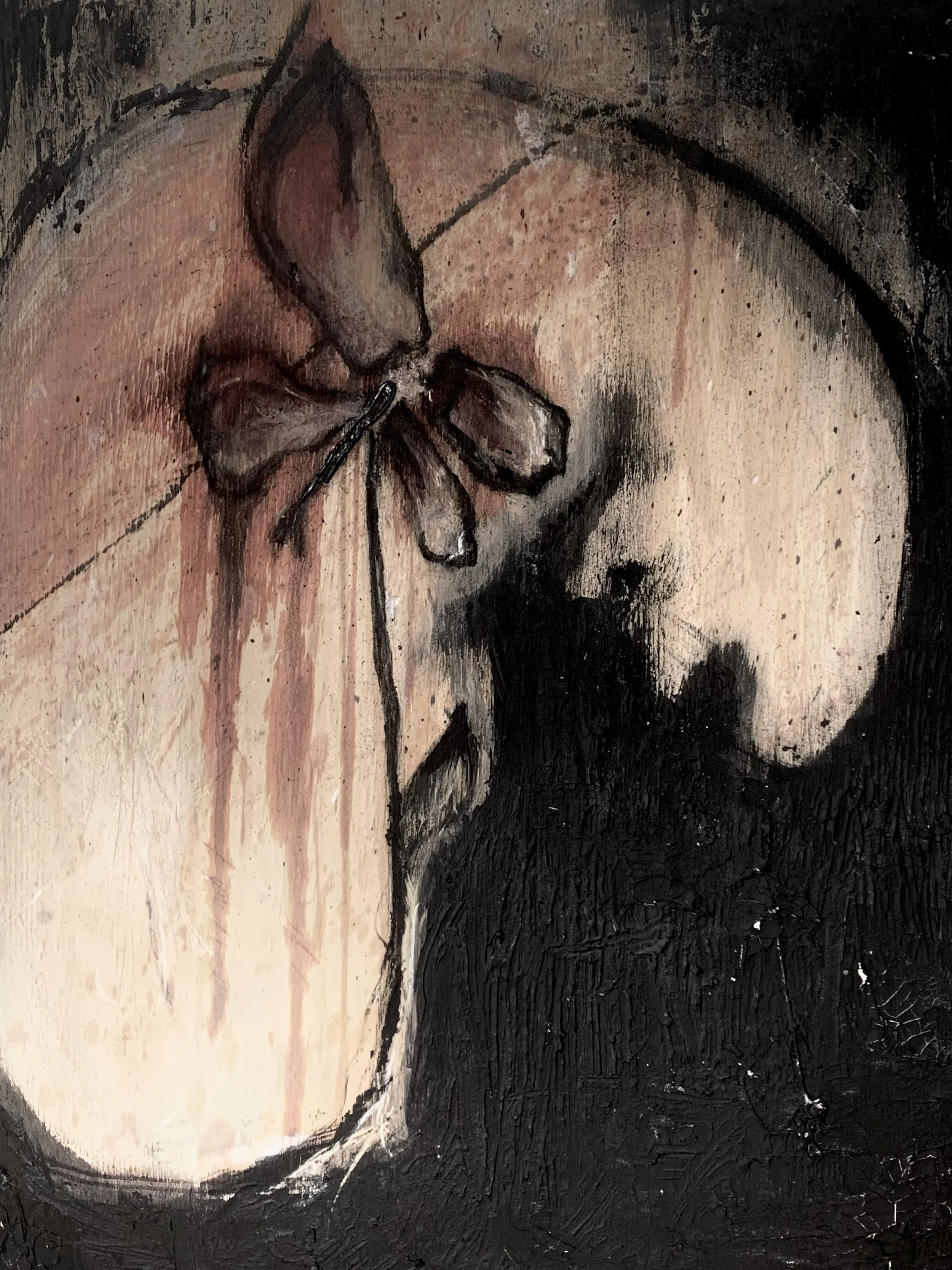 A painting depicting a close-up of a person's shoulder and neck, with a butterfly perched on their shoulder. The background is dark and textured.