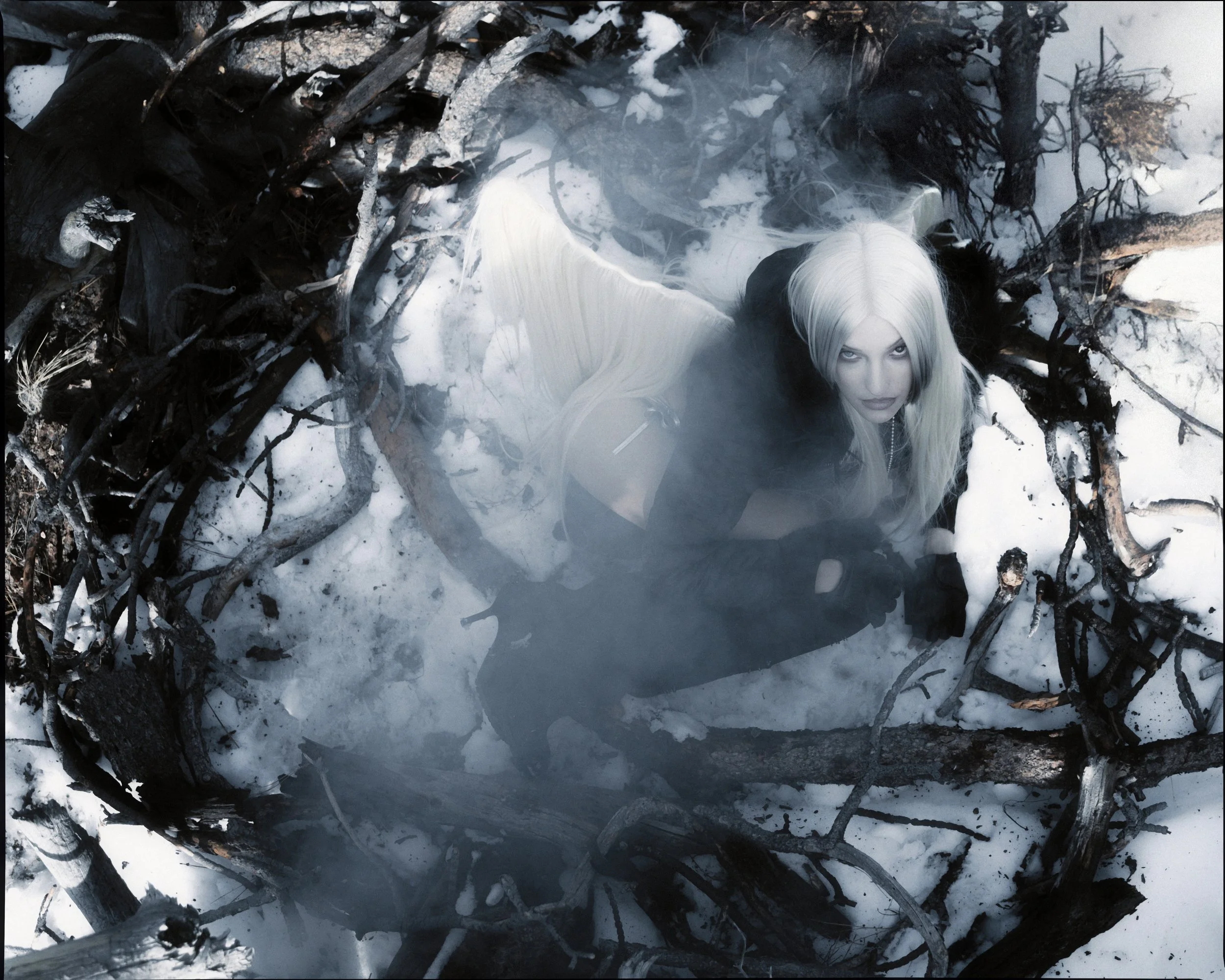 A woman with long platinum blonde hair, dressed in black, crouching among fallen tree branches in a snowy forest. She looks directly at the camera with an intense expression.