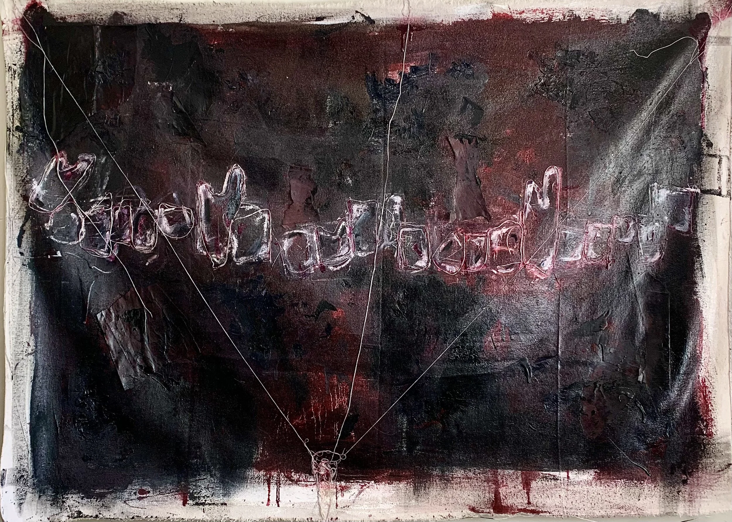 A dark abstract painting with the words 'the truth is in the details' outlined in white, with red and black background textures and splatters, and thin white lines connecting different points.