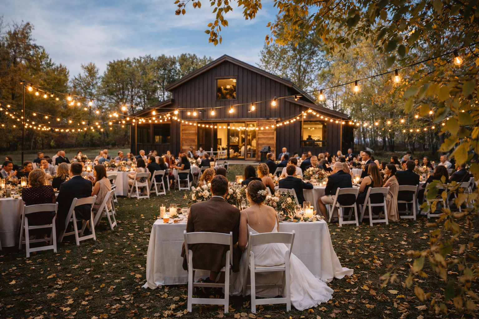 An outdoor wedding reception at dusk with round tables and white chairs, illuminated by string lights, with a wooden barn in the background and surrounded by autumn trees with falling leaves.