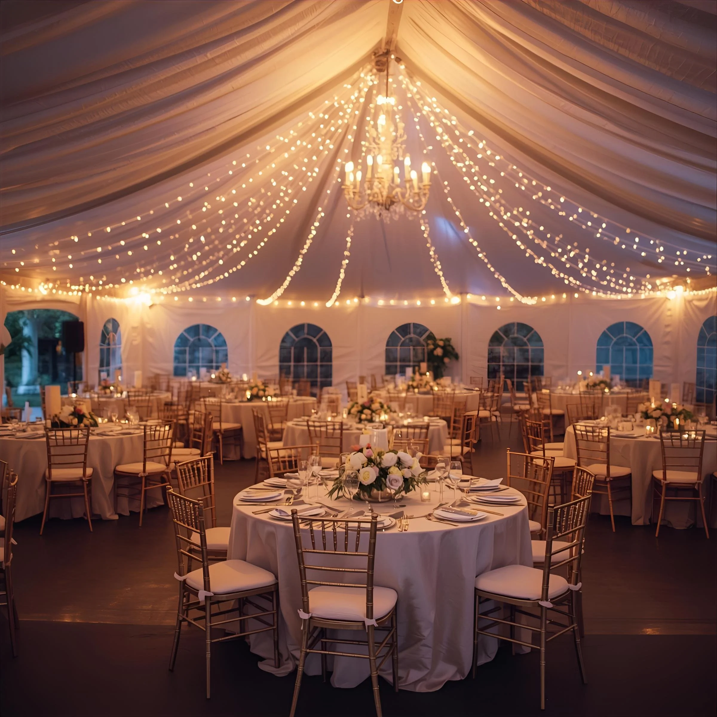 Elegant wedding reception tent with round tables, floral centerpieces, string lights, a chandelier, and gold chairs.