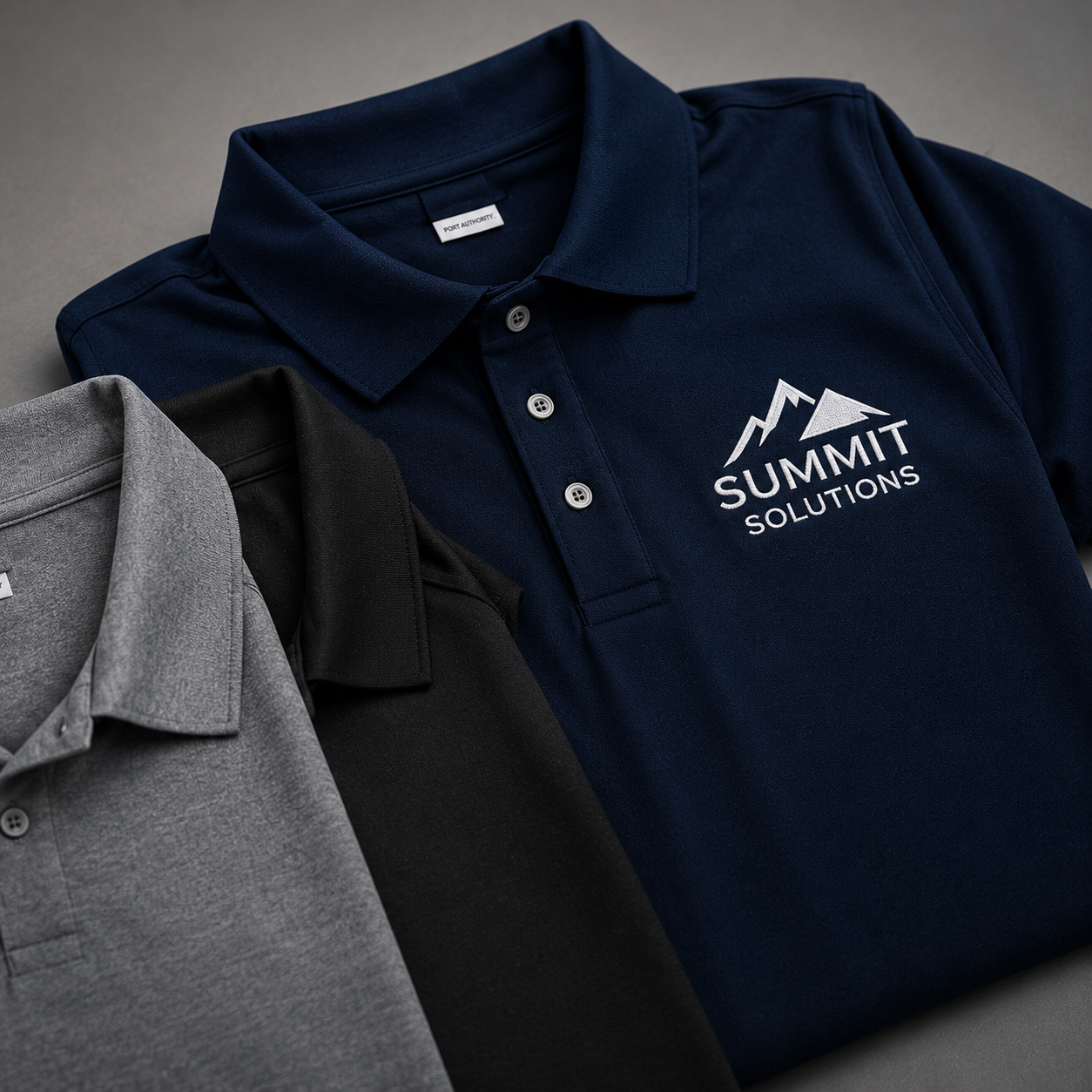 Three polo shirts in gray, black, and navy with the navy shirt displaying a logo of mountains and the words SUMMIT SOLUTIONS embroidered on it.