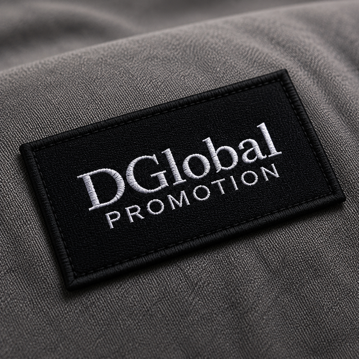 Close-up of a black label with embroidered white text that reads "D Global PROMOTION" on a gray fabric background.