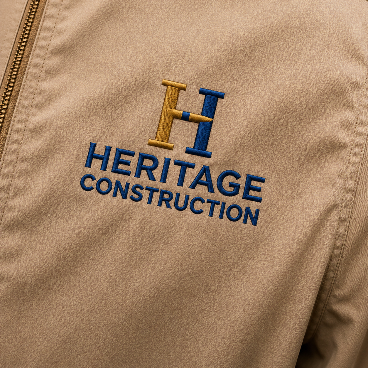 Embroidery of the Heritage Construction logo with a gold and blue 'H' on a tan fabric background next to a zipper.