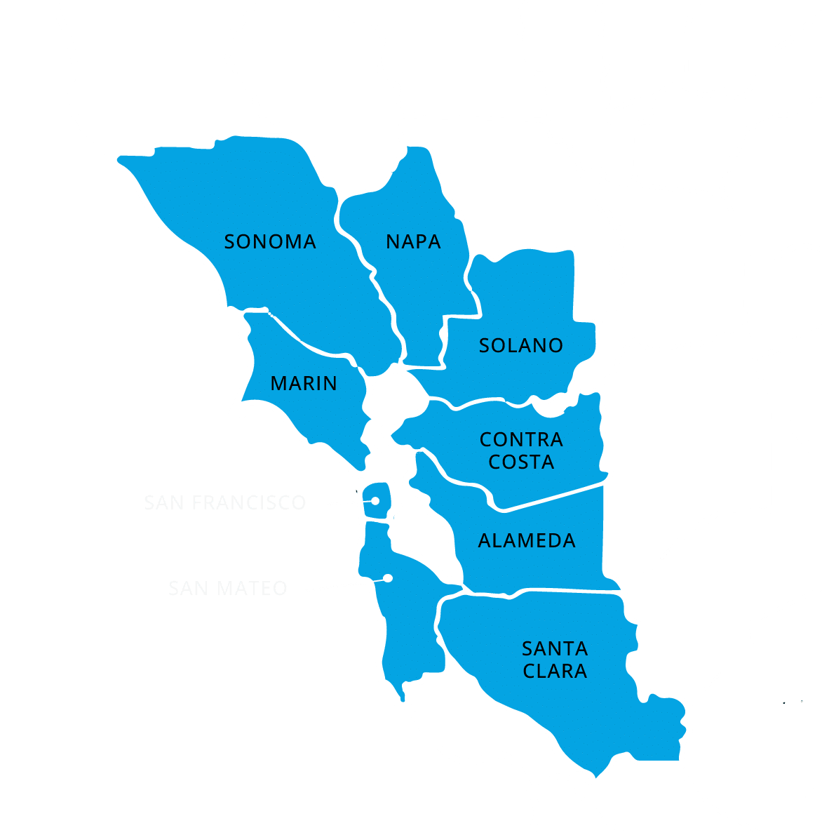 Map of the San Francisco Bay Area in California highlighting nine counties in blue: Sonoma, Napa, Solano, Contra Costa, Alameda, Santa Clara, San Mateo, Marin, and San Francisco.
