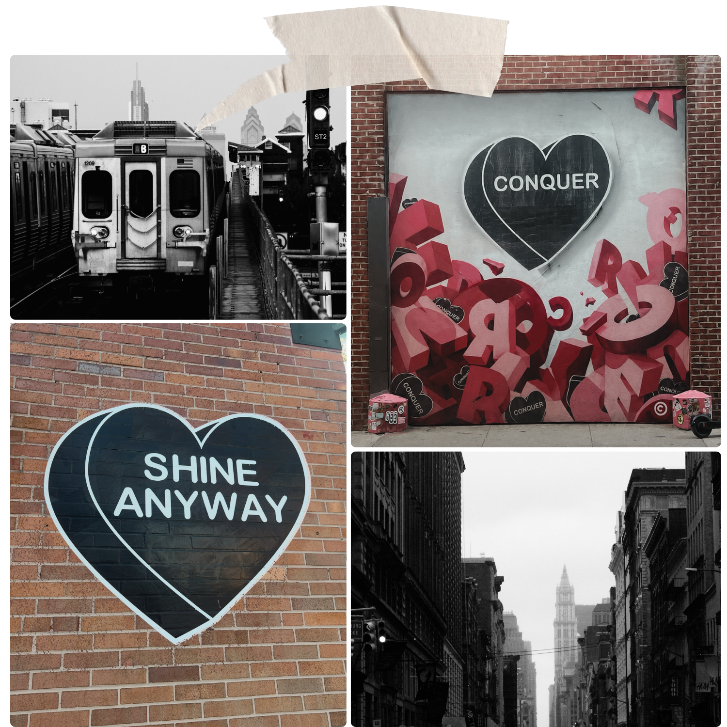 Black and white Philadelphia street art collage featuring the Shine Anyway heart mural — Dana Catarella, therapist at The Relational Space Philadelphia