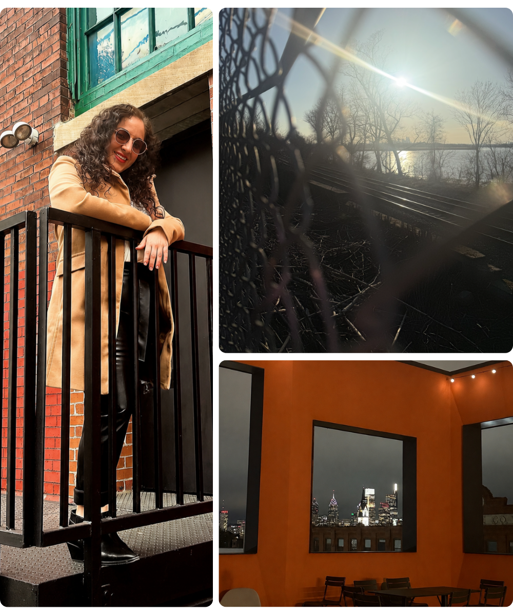 Collage of Philadelphia therapist Dana Catarella on balcony, chain link fence, and warmly lit cafe — The Relational Space, therapy for creatives and neurodivergent adults in New Jersey and Pennsylvania
