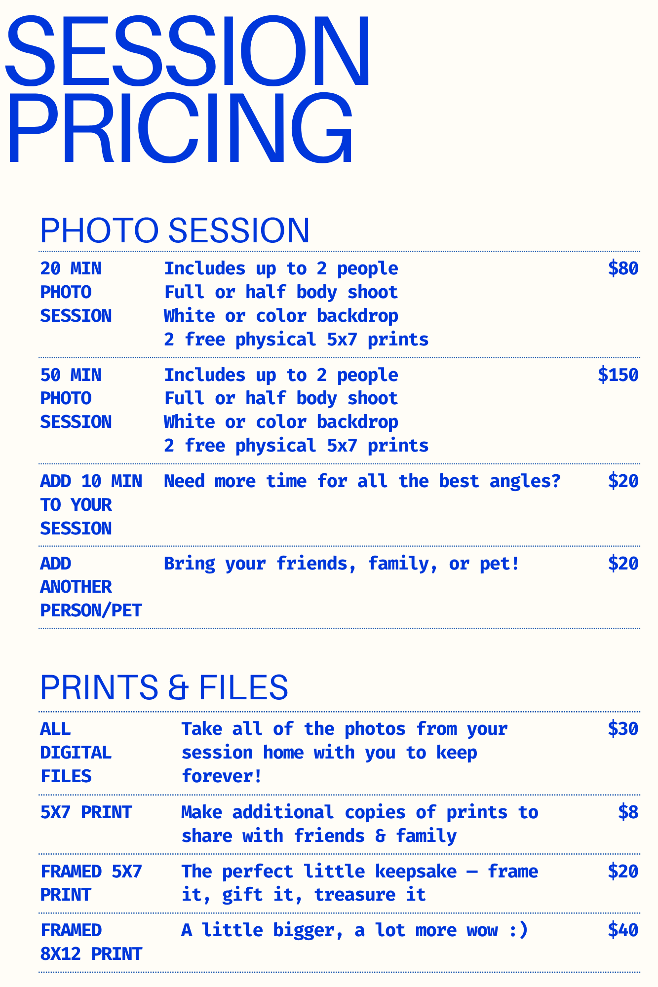 tokofoto pricing guide and menu for photo sessions