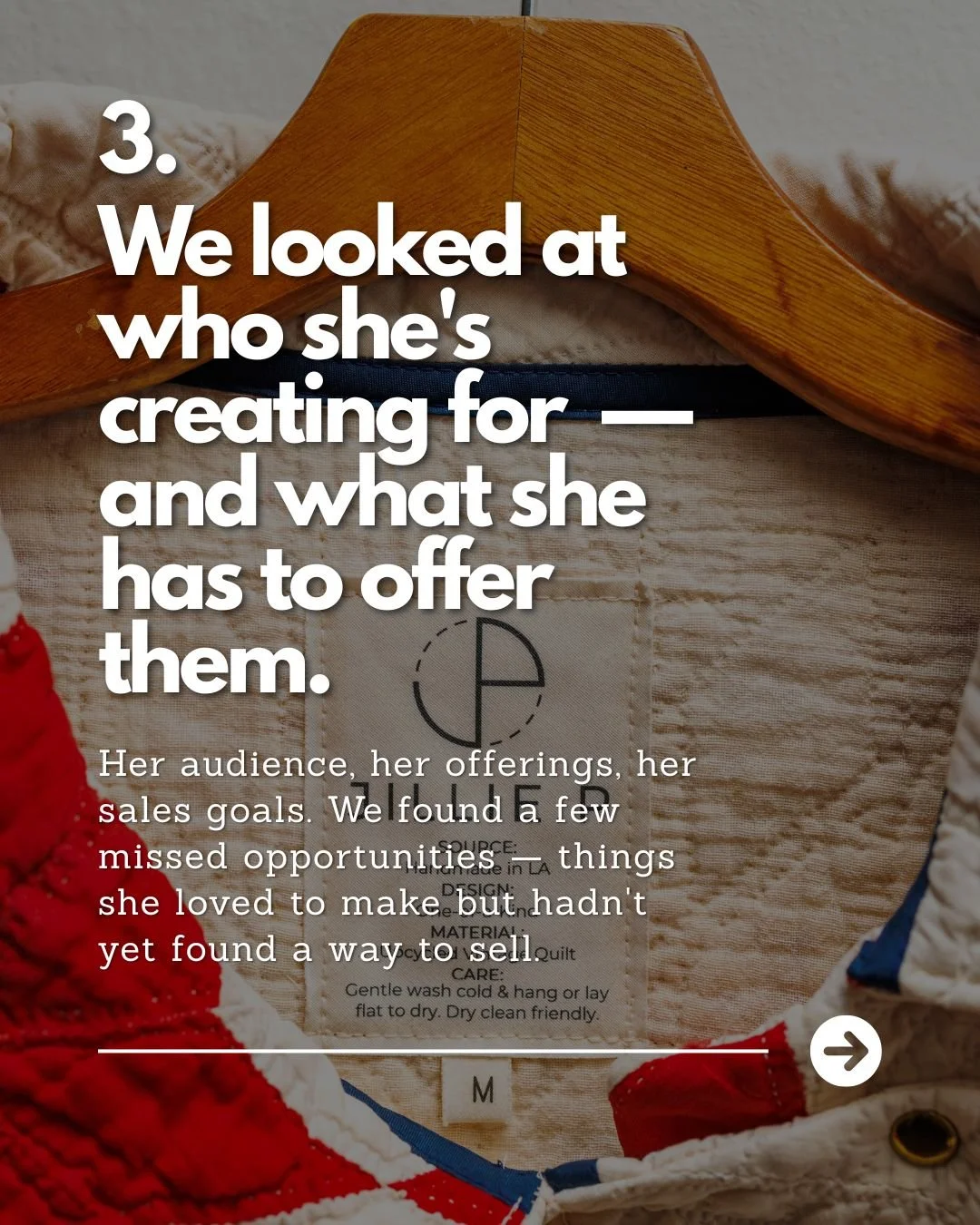 Close-up of a fabric tag on clothing with a wooden hanger above it, featuring text about audience, offerings, and sales goals.