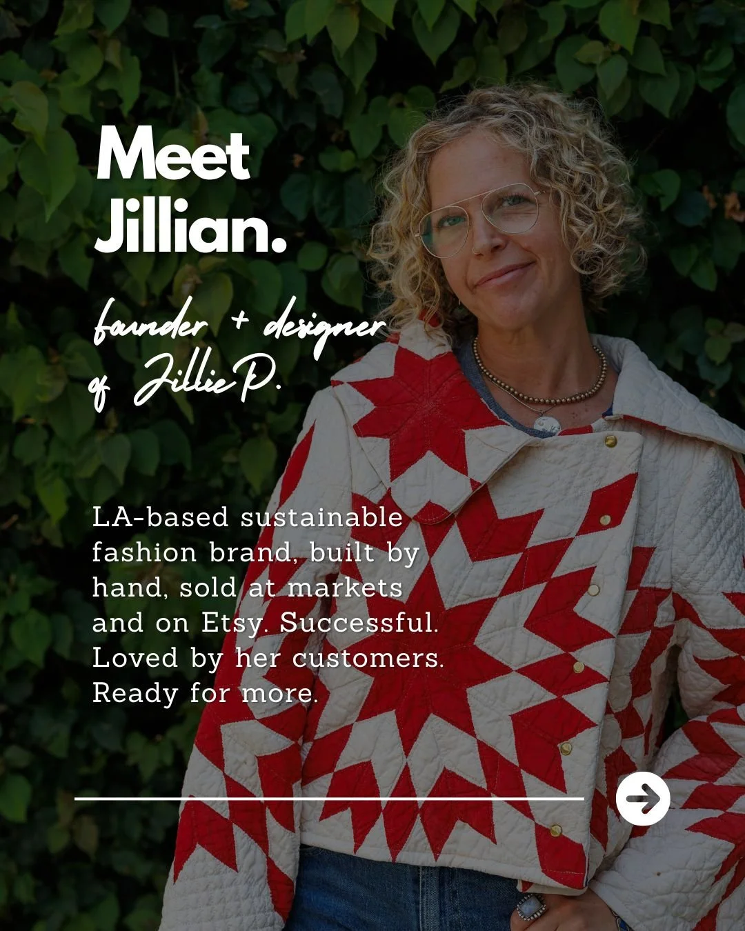 Portrait of Jillian, a woman with curly blond hair, wearing glasses and a patterned quilted jacket with red and white geometric shapes, standing outdoors in front of green foliage.