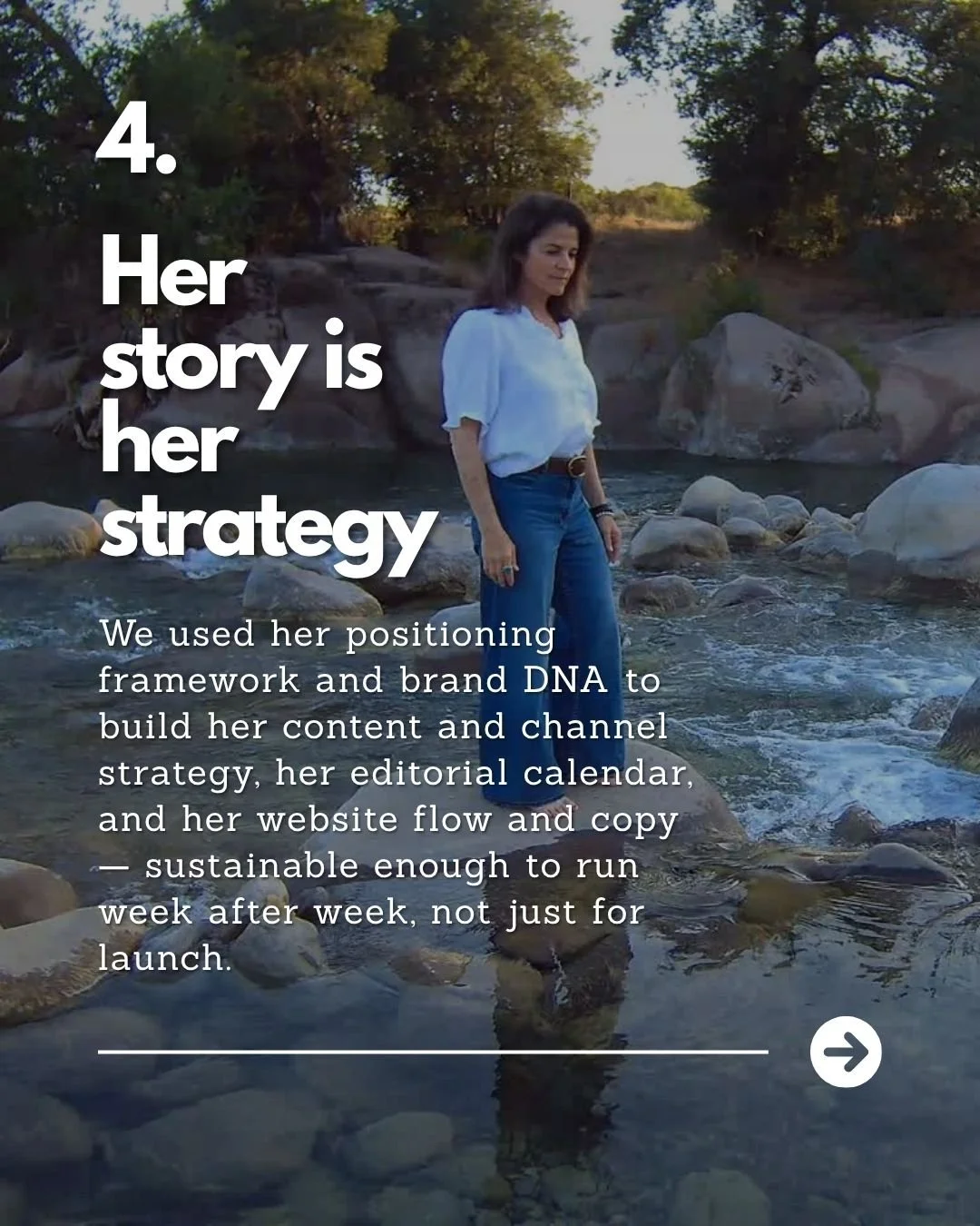 A woman standing in a rocky river with trees in the background, part of a social media post about her personal branding strategy.