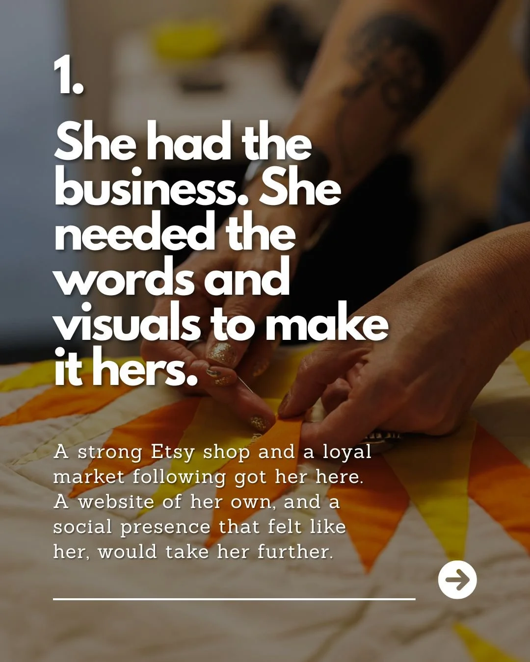Close-up of a person sewing a quilt, with text overlay about her successful Etsy shop and loyal market.