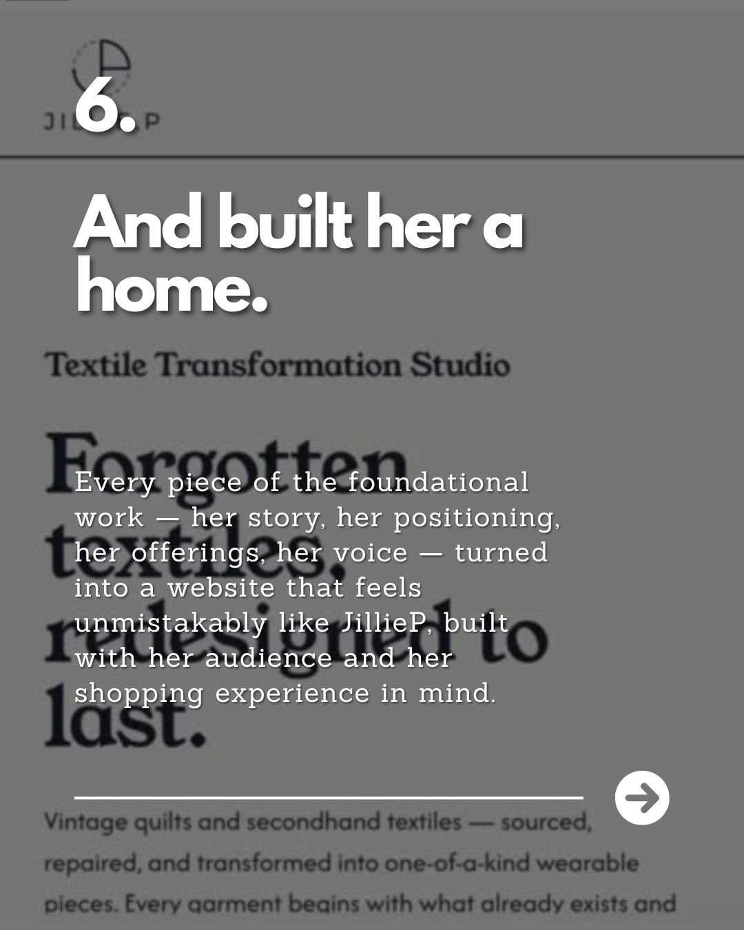 A webpage with a quote about building a home, mentioning a Textile Transformation Studio called Forgotten.
