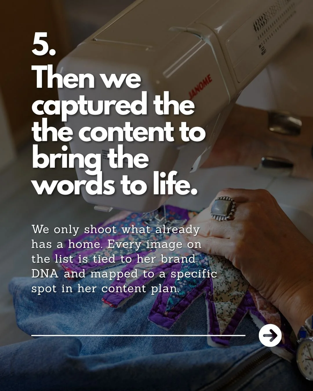 Close-up of a person's hand with a ring, sewing fabric with a sewing machine. The focus is on the sewing process, with text overlay about capturing content to bring words to life.