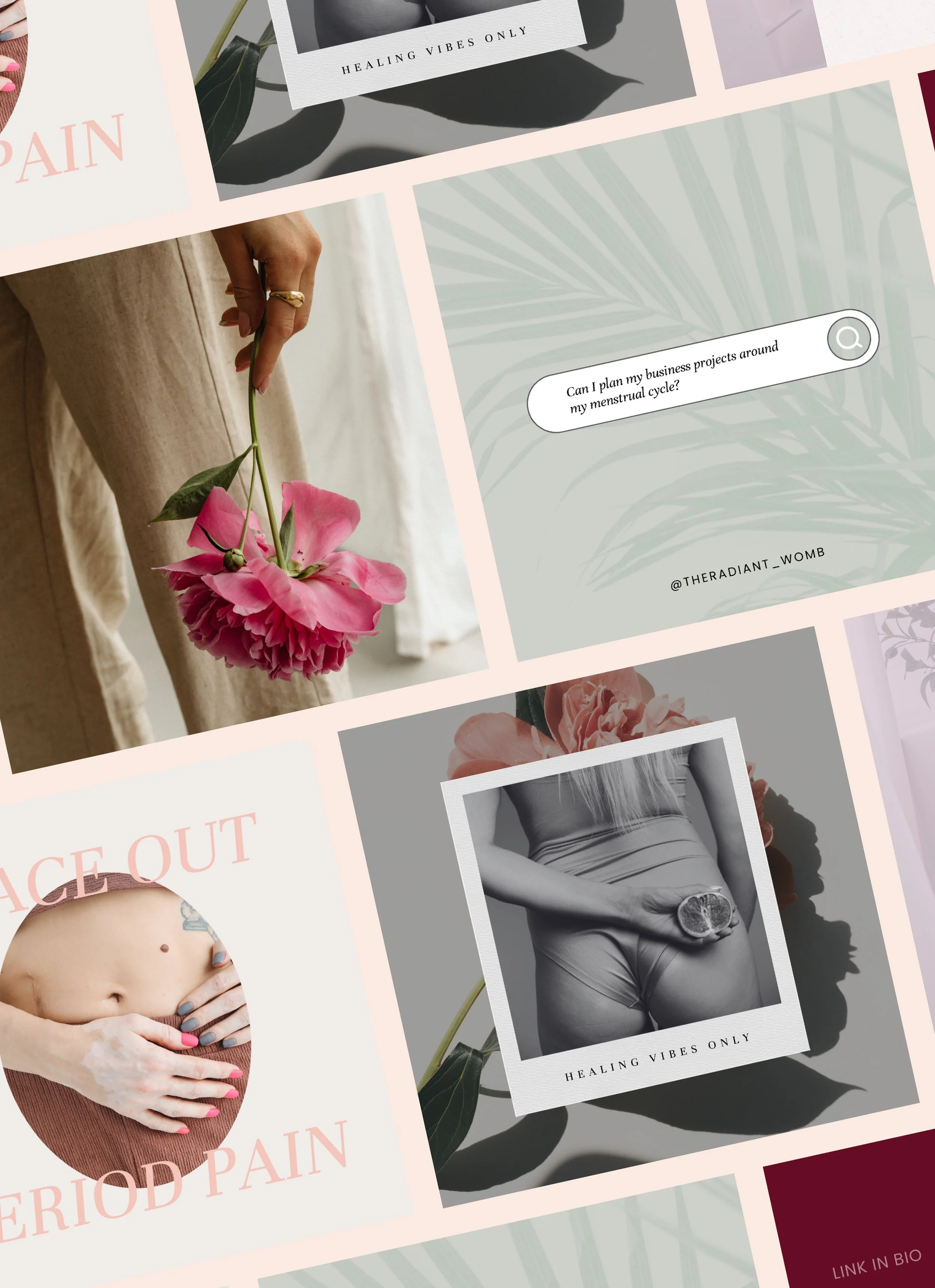 Collage of various images and text, including a woman holding a pink flower, a torso with a tattoo, a woman in a tank top, and text boxes with phrases like 'HEALING VIBES ONLY' and 'Can I plan my business projects around my menstrual cycle?'.